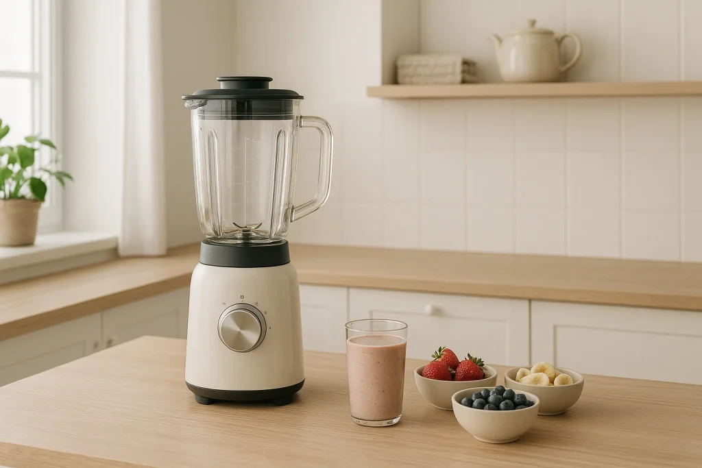 En blender med smoothie og frukt