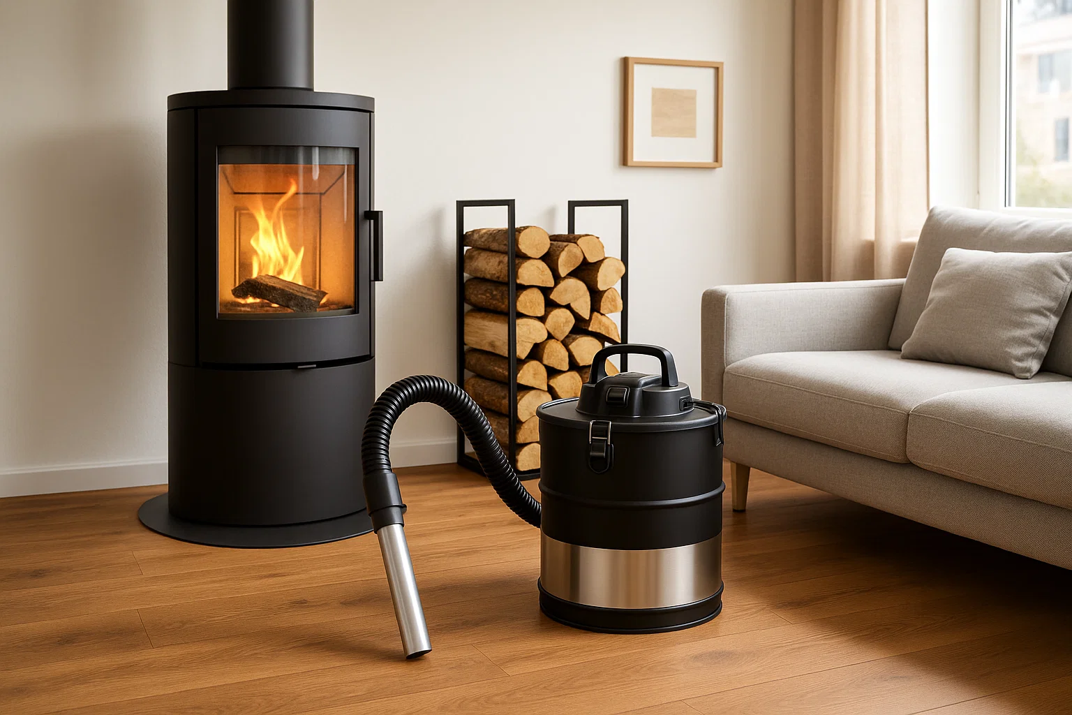 En askestøvsuger foran en peis