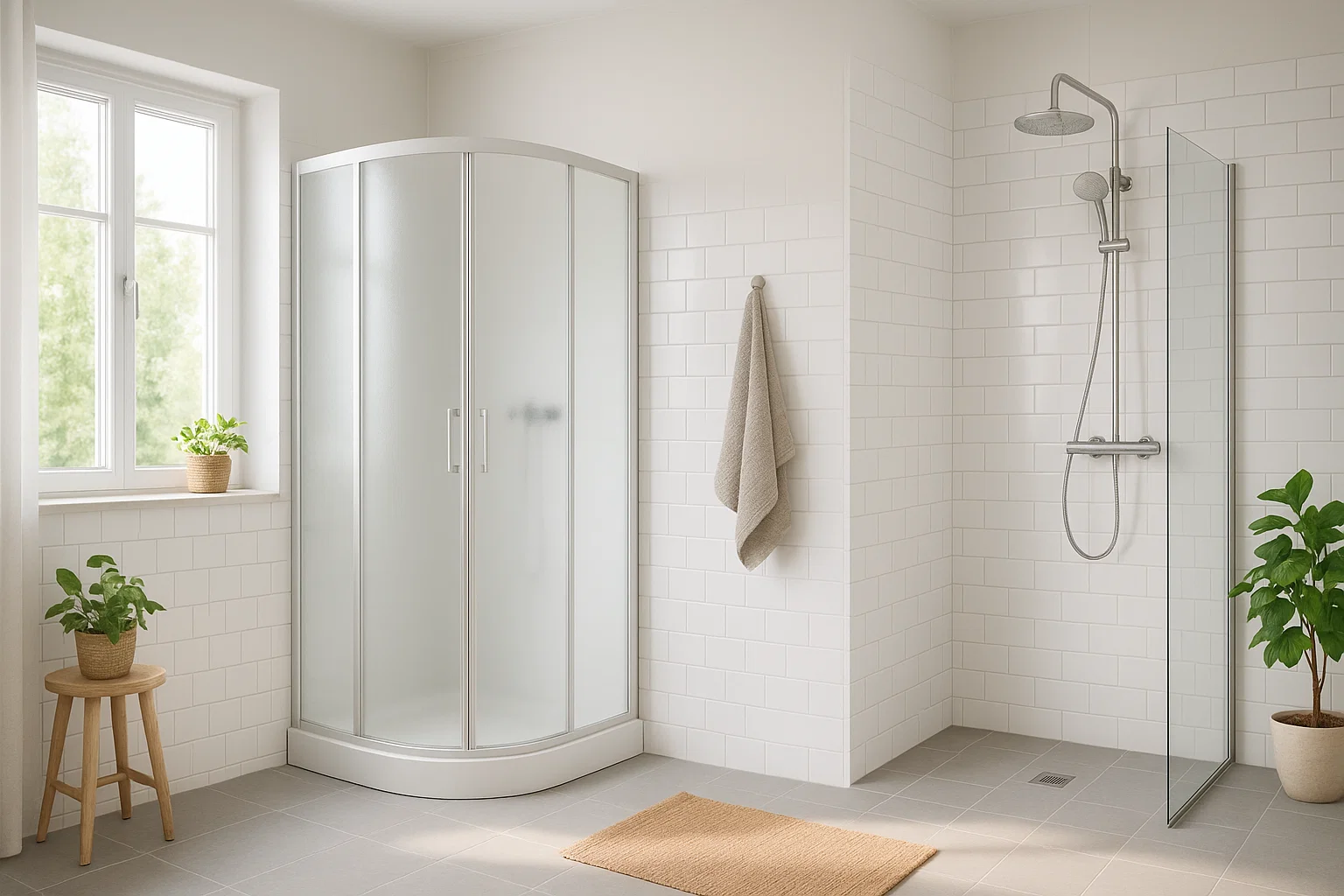 Et bad med både dusjkabinett og dusjhjørne