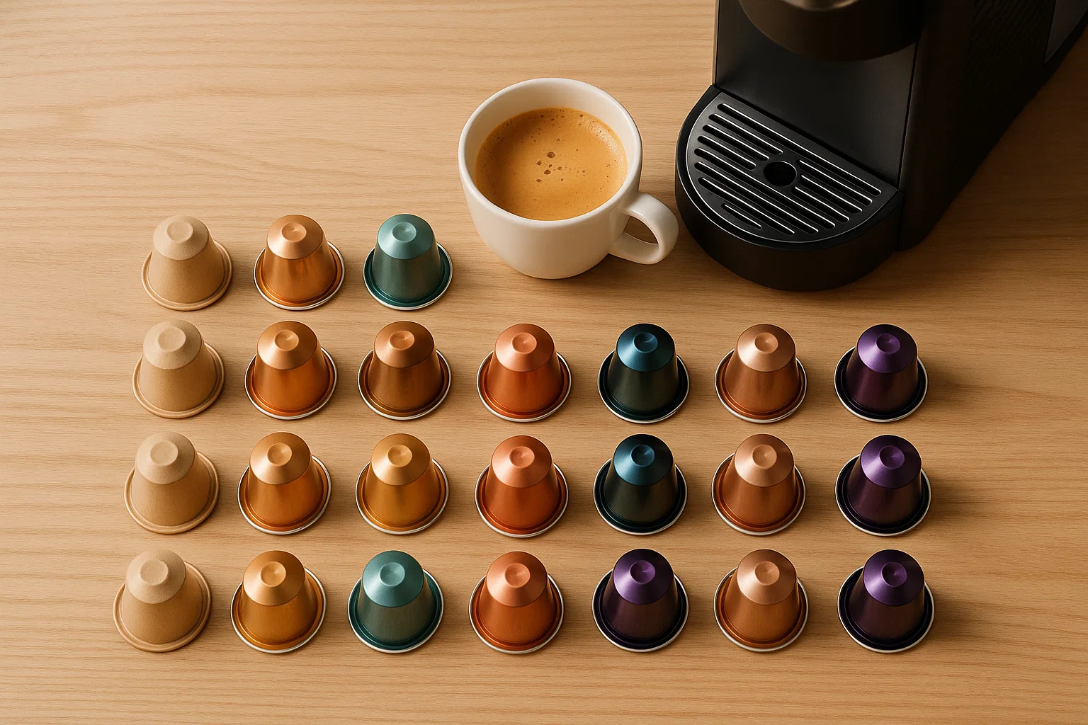 kapselmaskin-2 Kaffekapsler ved siden av en kopp kaffe og en kapselmaskin