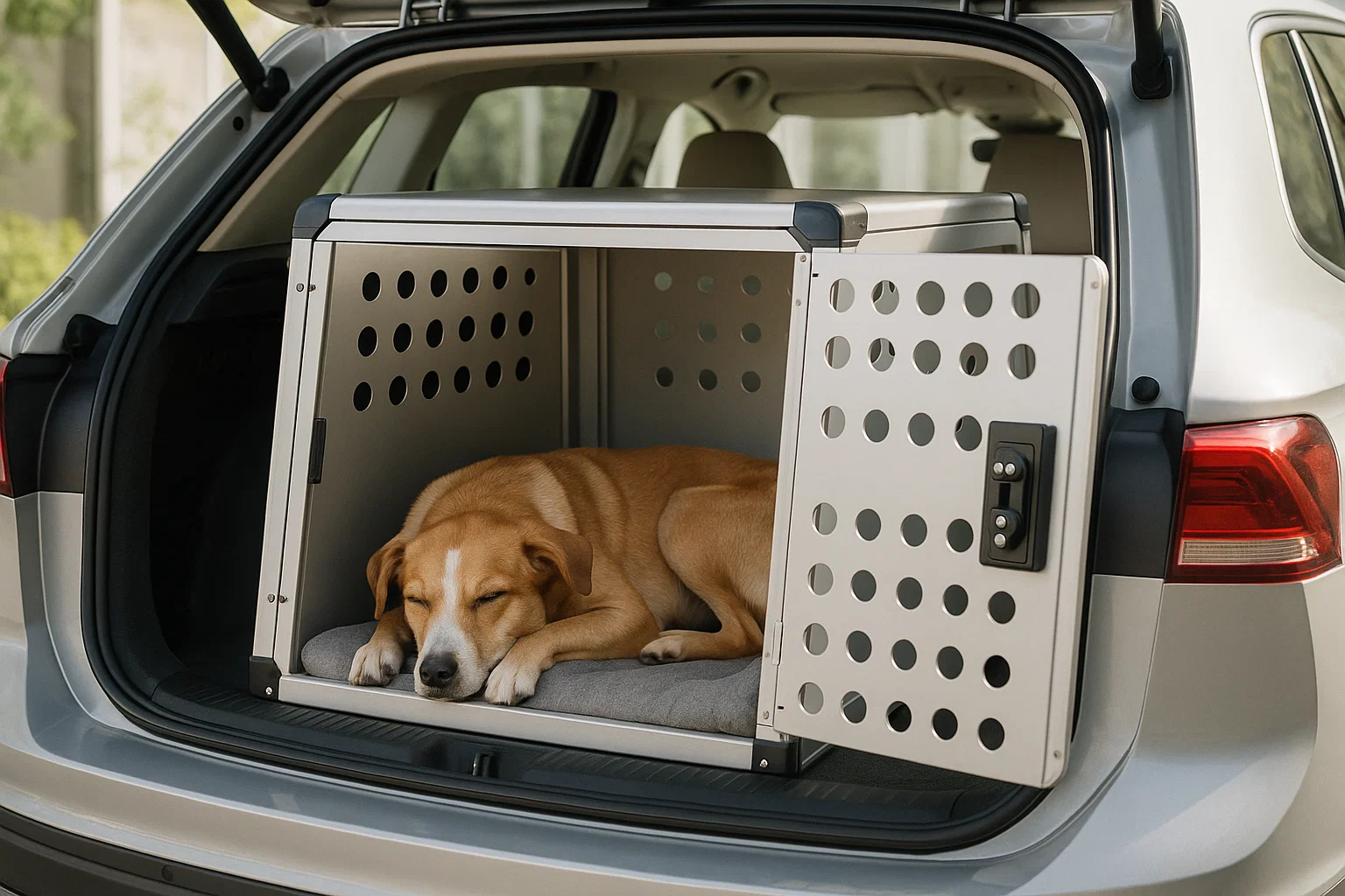 En hund som slapper av i et bur i bagasjerommet på en bil