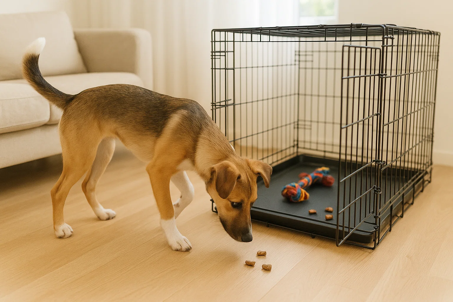 En nysgjerrig hund lukter på godbiter utenfor et hundebur inne i en stue