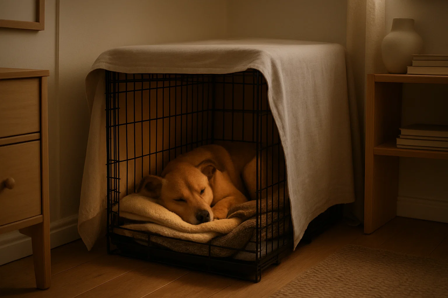 En hund liggende inne i et hundebur