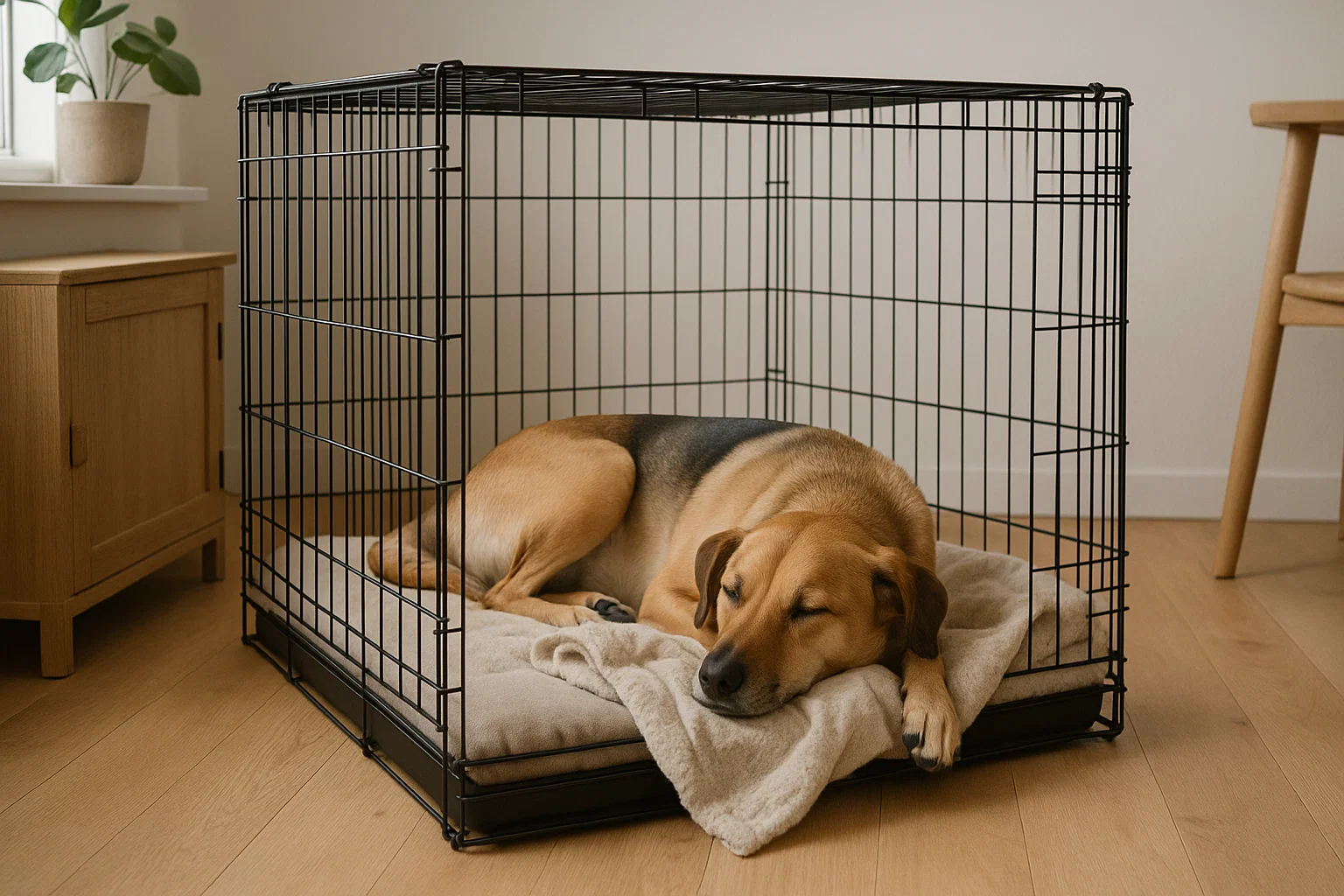 En hund liggende inne i et hundebur