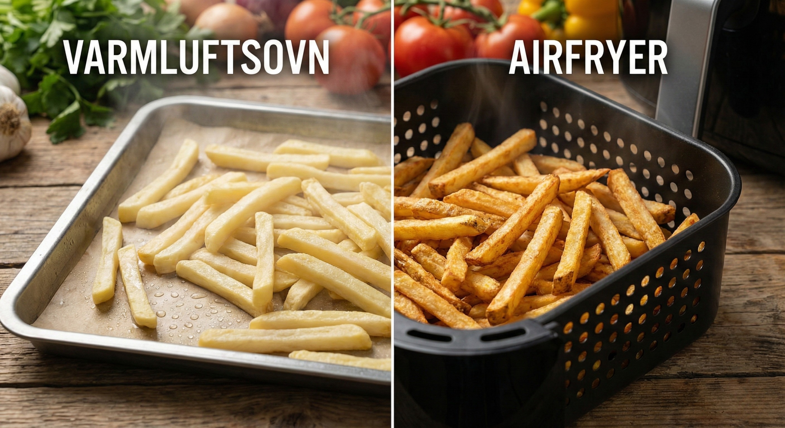 Pommes frites laget i varmluftsovn til venstre, og pommes frites laget i airfryer til venstre