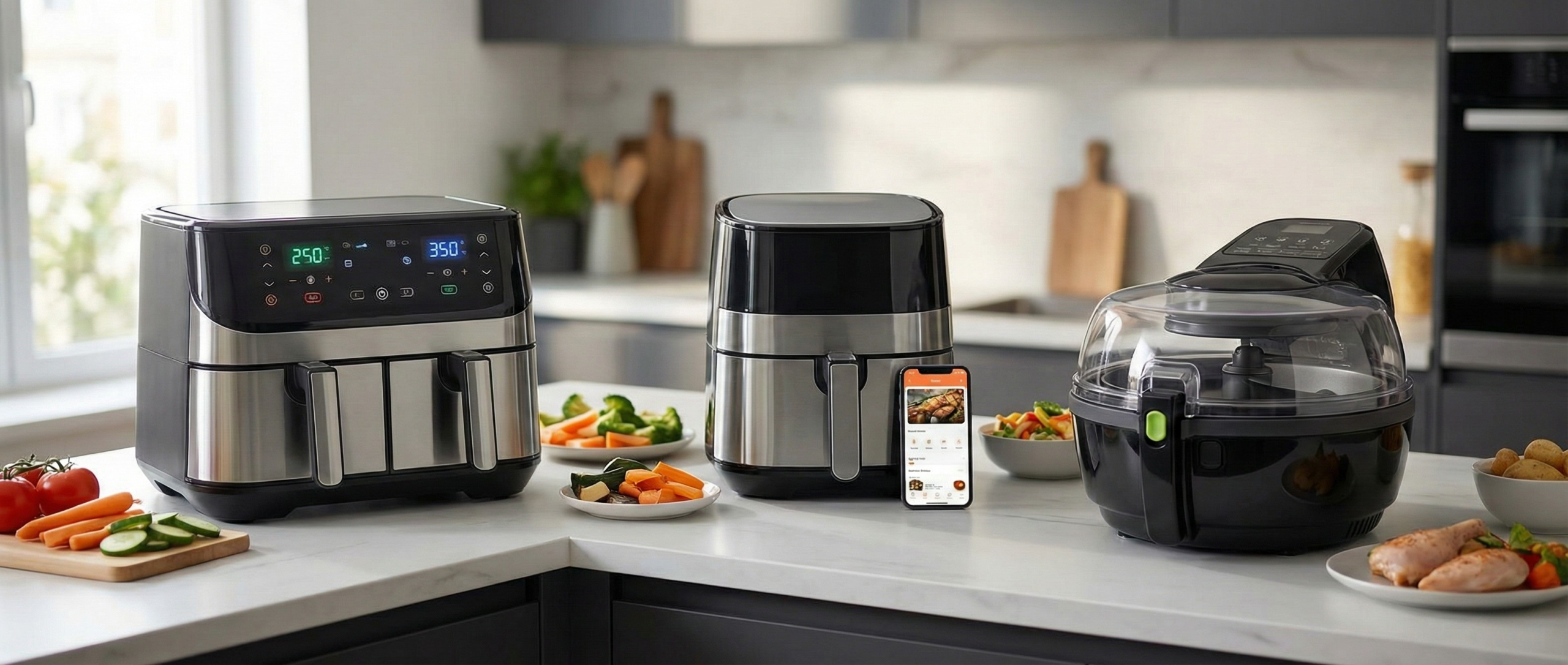 Ulike airfryere som viser ulike funksjoner du kan velge i en airfryer