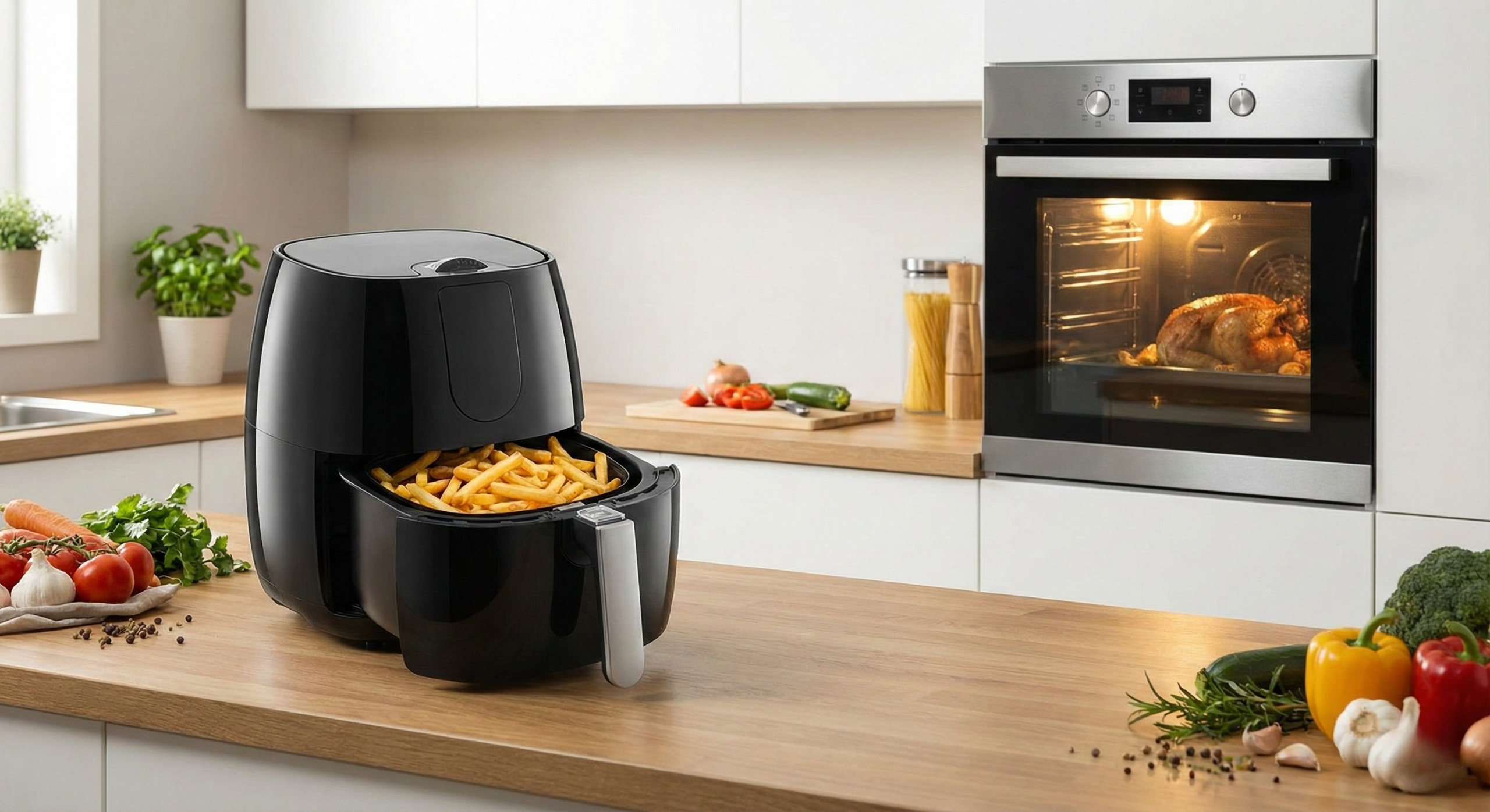 En airfryer på et bord foran en varmluftsovn