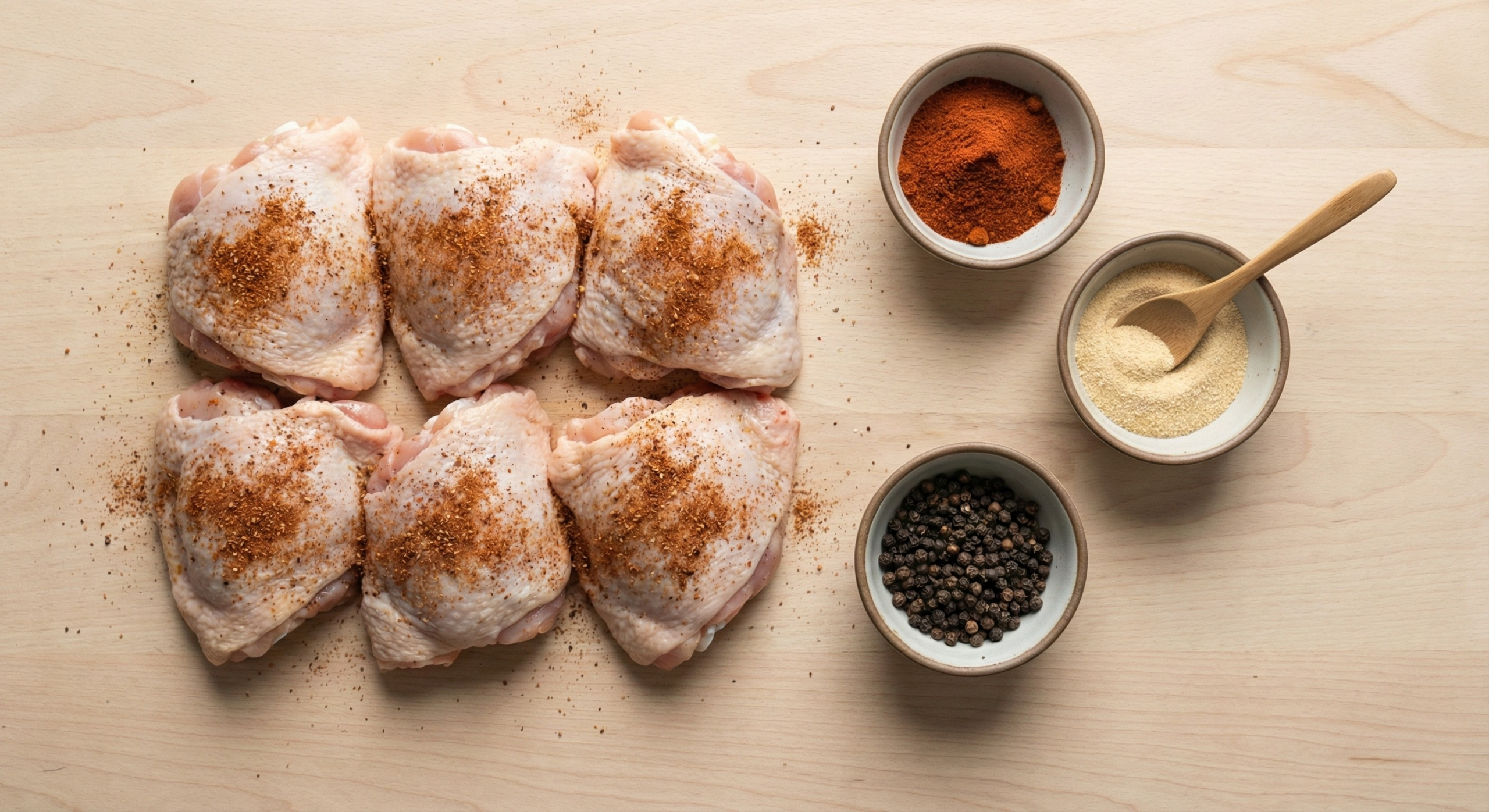 Kyllinglår med ulike krydder ved siden av i skåler