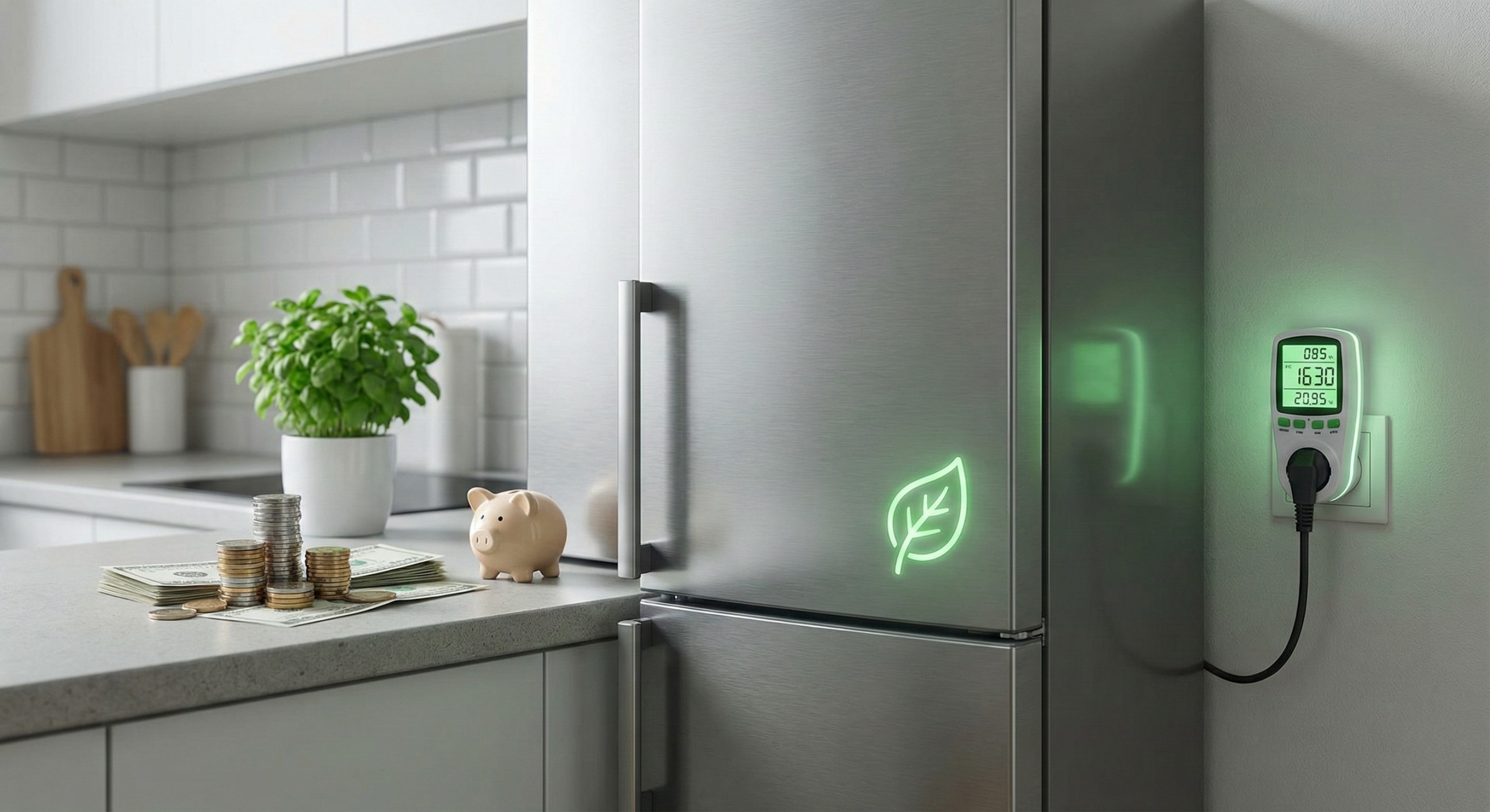 Et kjøleskap i stål på et moderne kjøkken er koblet til en strømmåler som viser energiforbruk i sanntid. På benken ved siden av ligger en stabel med mynter, pengesedler og en sparegris, som symboliserer kostnadene ved strømforbruk. Et grønt blad-ikon lyser på kjøleskapsdøren.