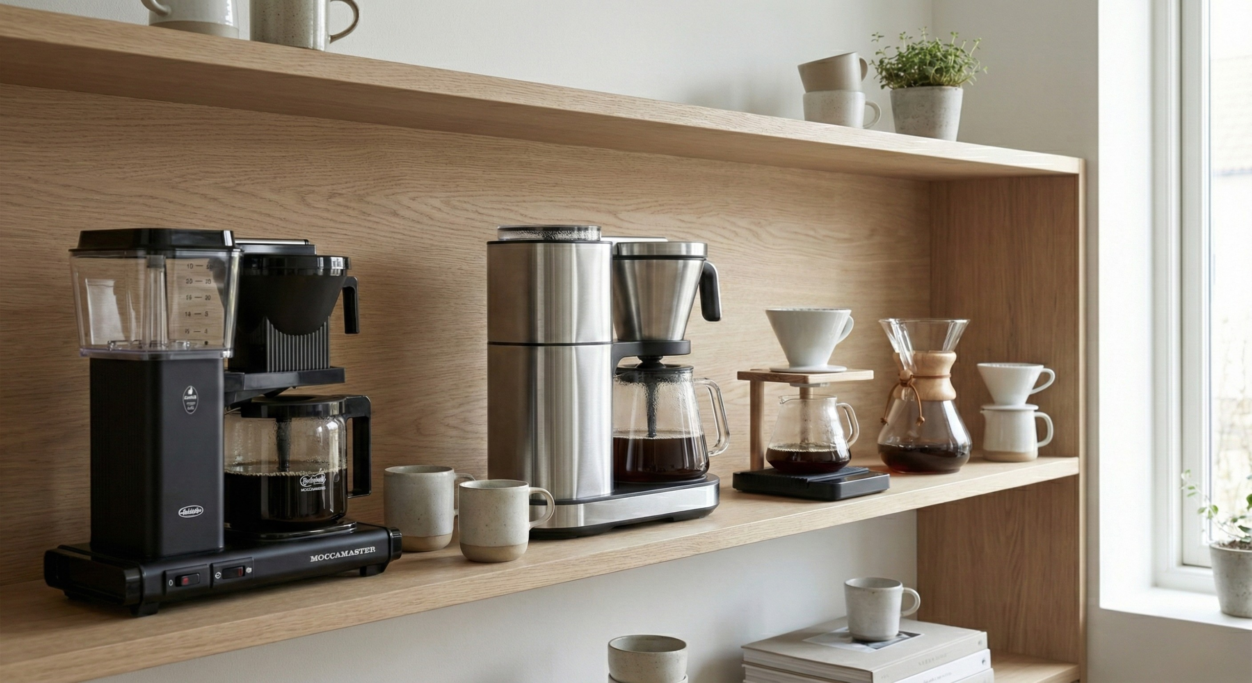 Flere ulike kaffetrakere på en hylle