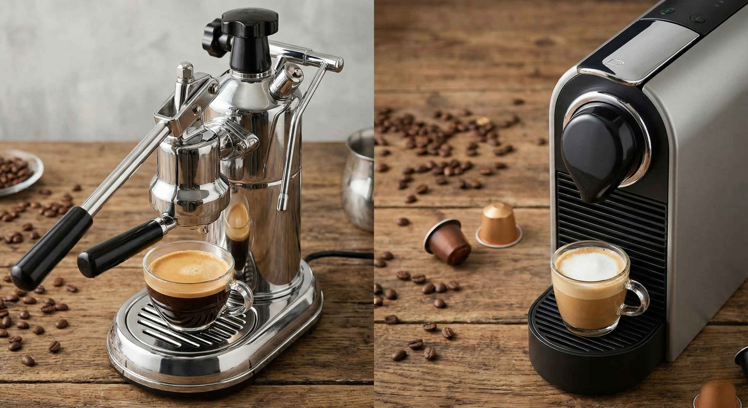 En kapselmaskin og en espressomaskin side om side