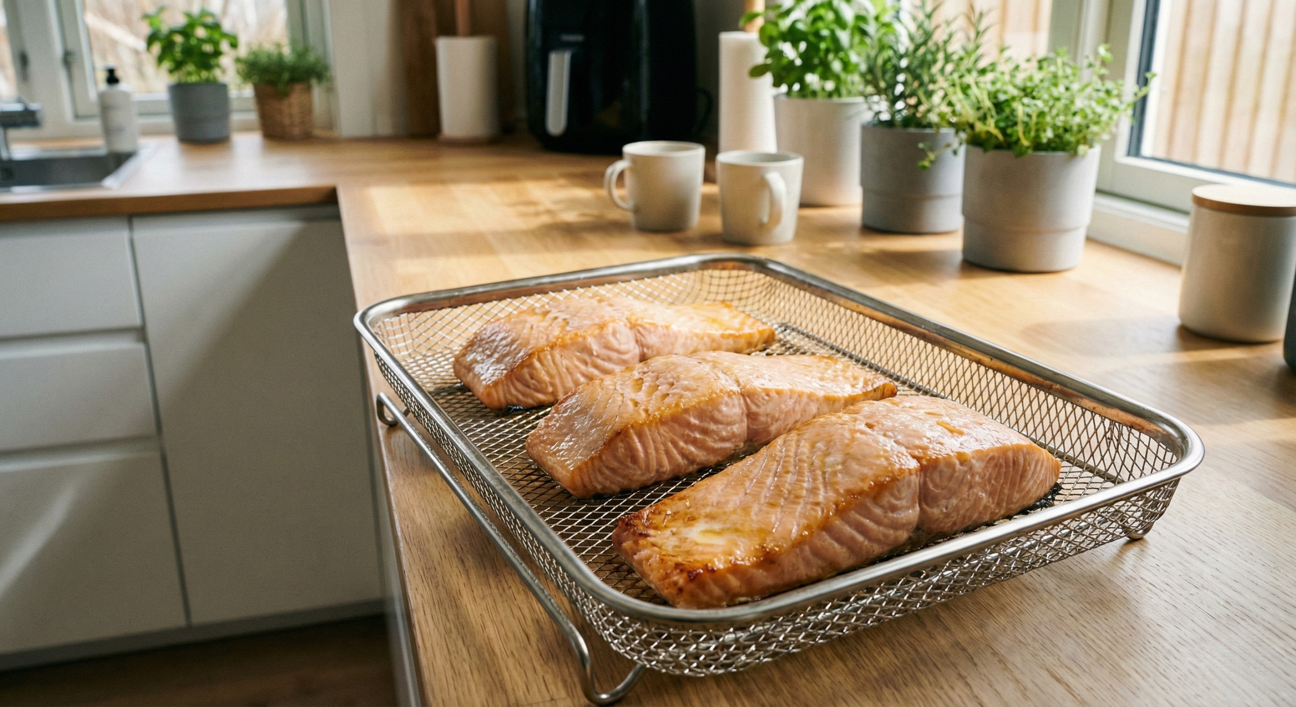 Ferdig laksefilet rett fra en airfryer