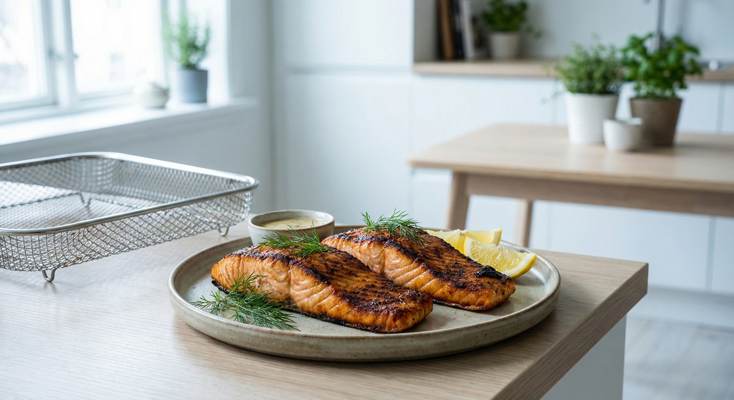 Laksefilet på et fat på et kjøkkenborg