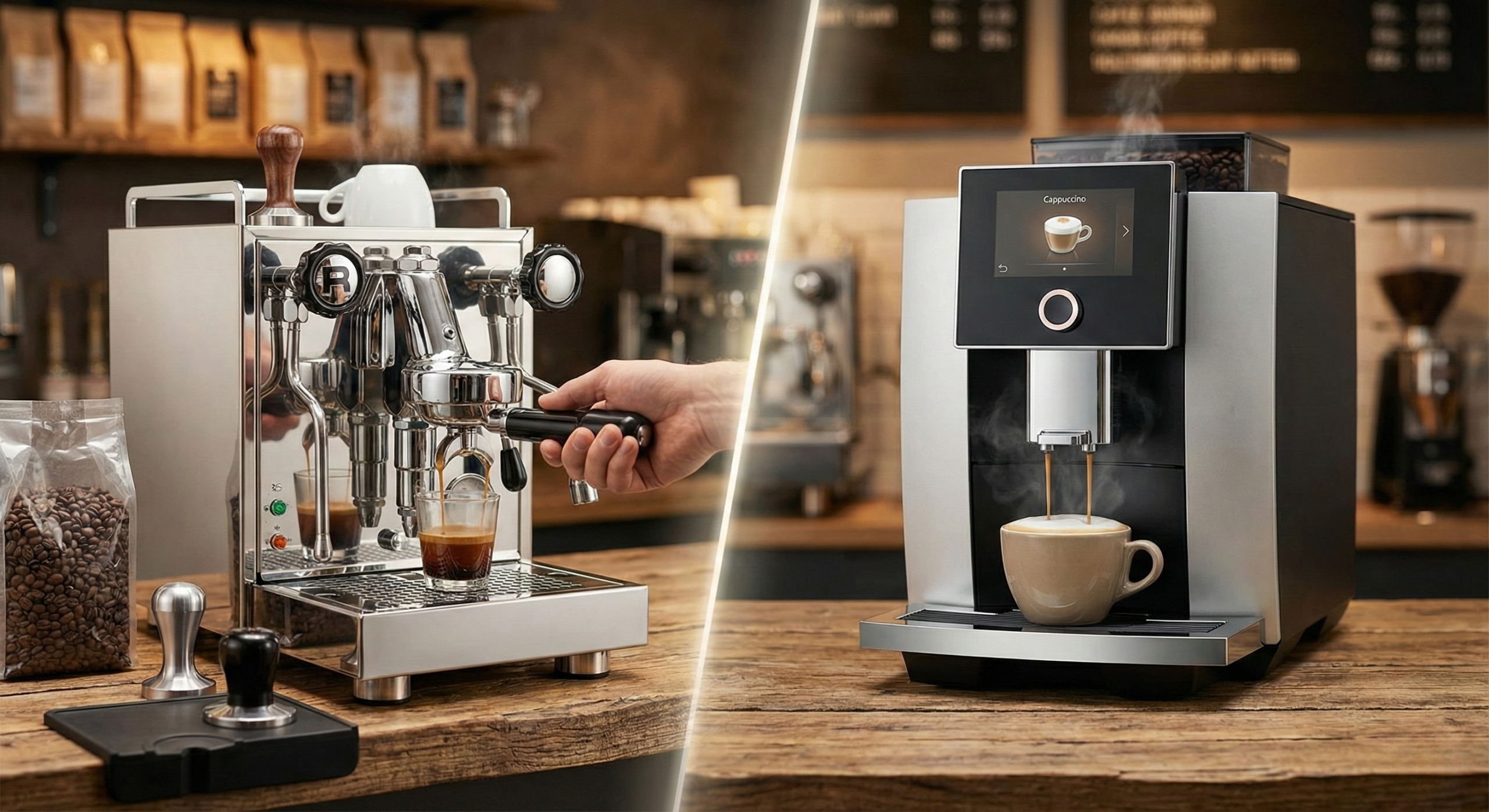 Manuell espressomaskin ved siden av en helautomatisk espressomaskin