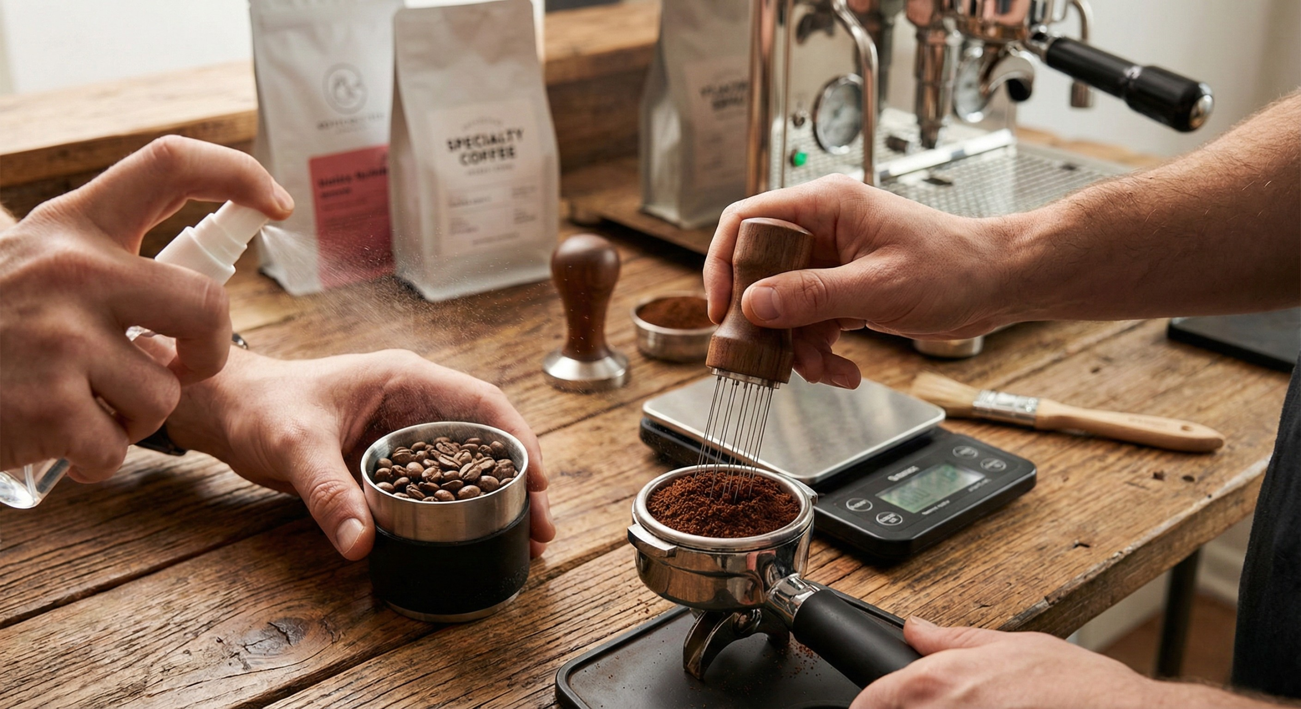 En gruppe mennesker som nyter espresso, zoomet inn på hendene og koppene
