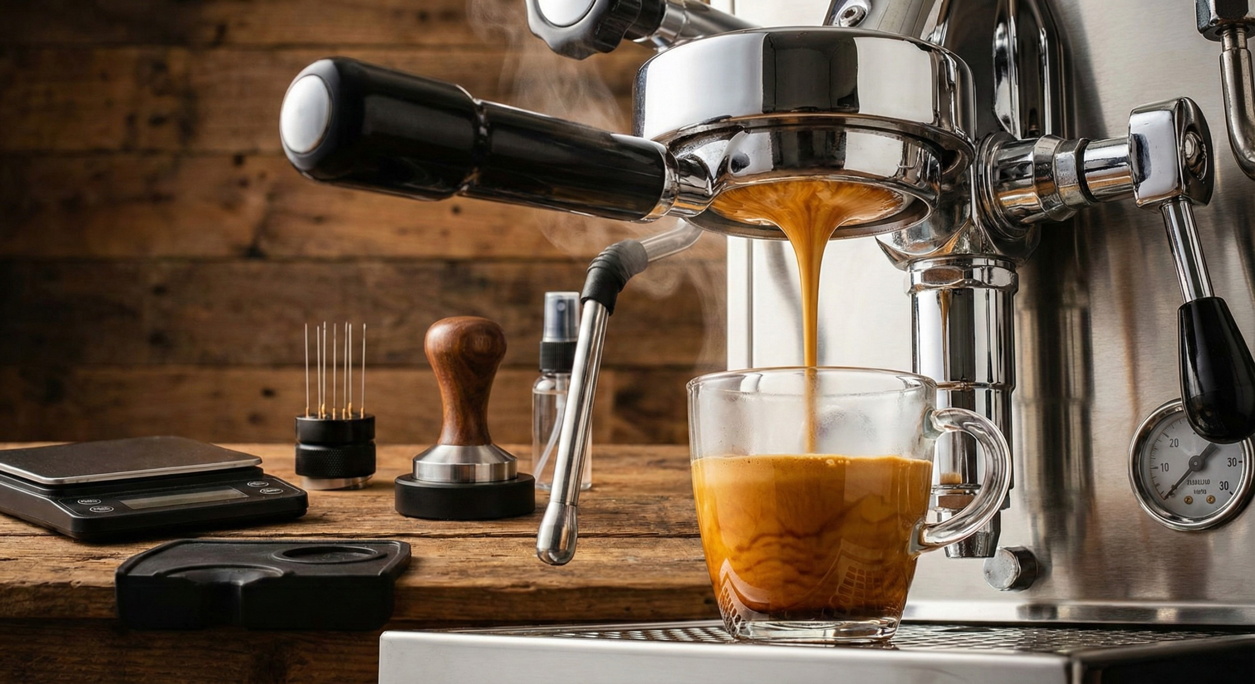 En manuell espressomaskin med massevis av utstyr rundt, for å symbolisere hvor dypt det kan gå å interessere seg for espresso
