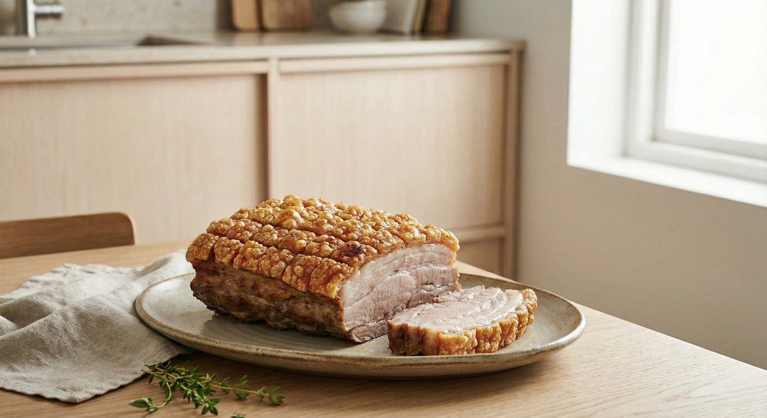 Nystekt ribbe med perfekt svor på et fat på et kjøkkenbord