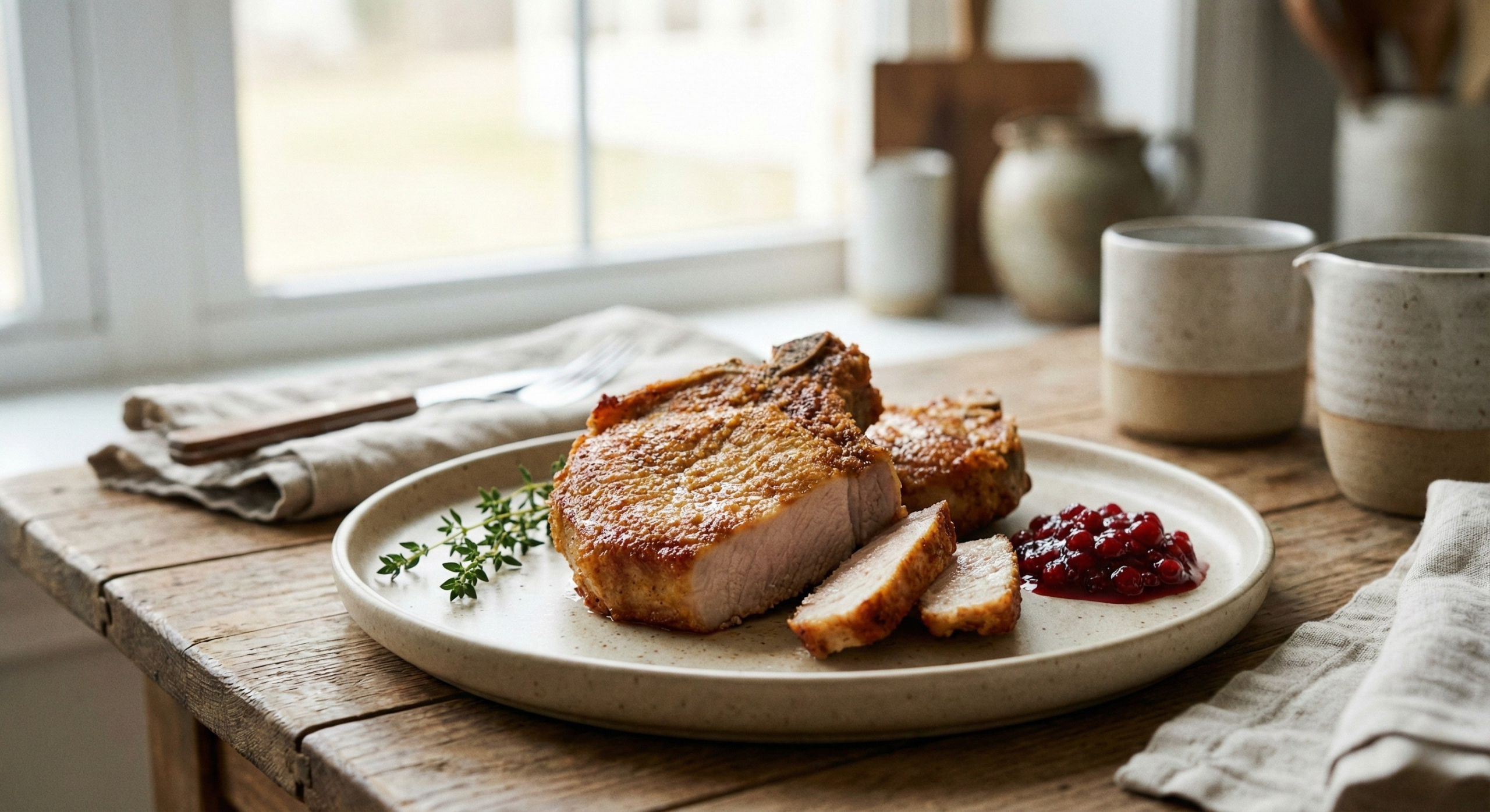 Ferdigstekte svinekoteletter rett fra en airfryer og lagt på tallerken