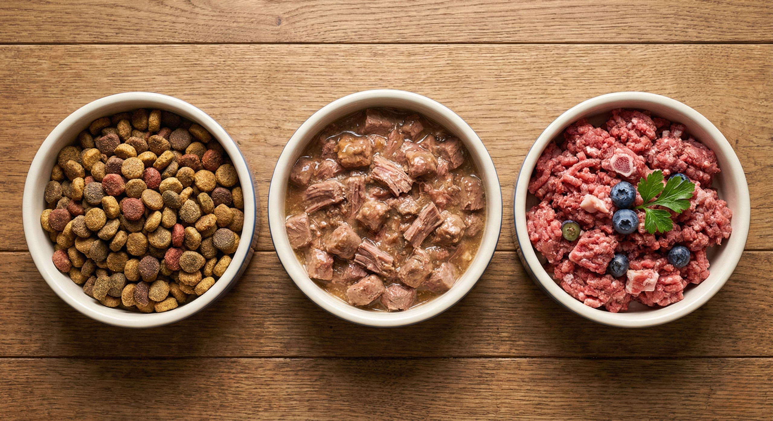 Tre boller med mat ved siden av hverandre. En med våtfor, en med tørrfor og en med råfor