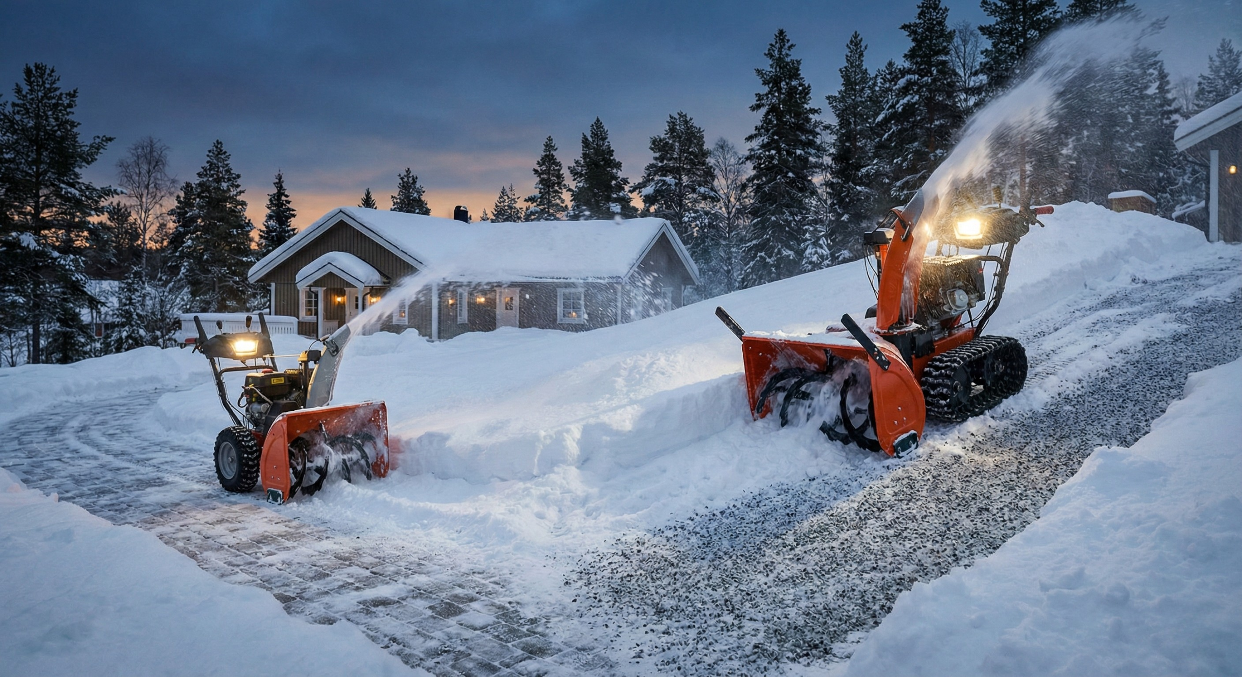 En kraftig, rød eller oransje bensindrevet snøfreser med belter står midt i en snødekt, bratt oppkjørsel. Snøfreseren er i full drift og kaster en tykk stråle med snø høyt opp i luften gjennom utkastet, mens solen skinner på det vinterlige landskapet i bakgrunnen.