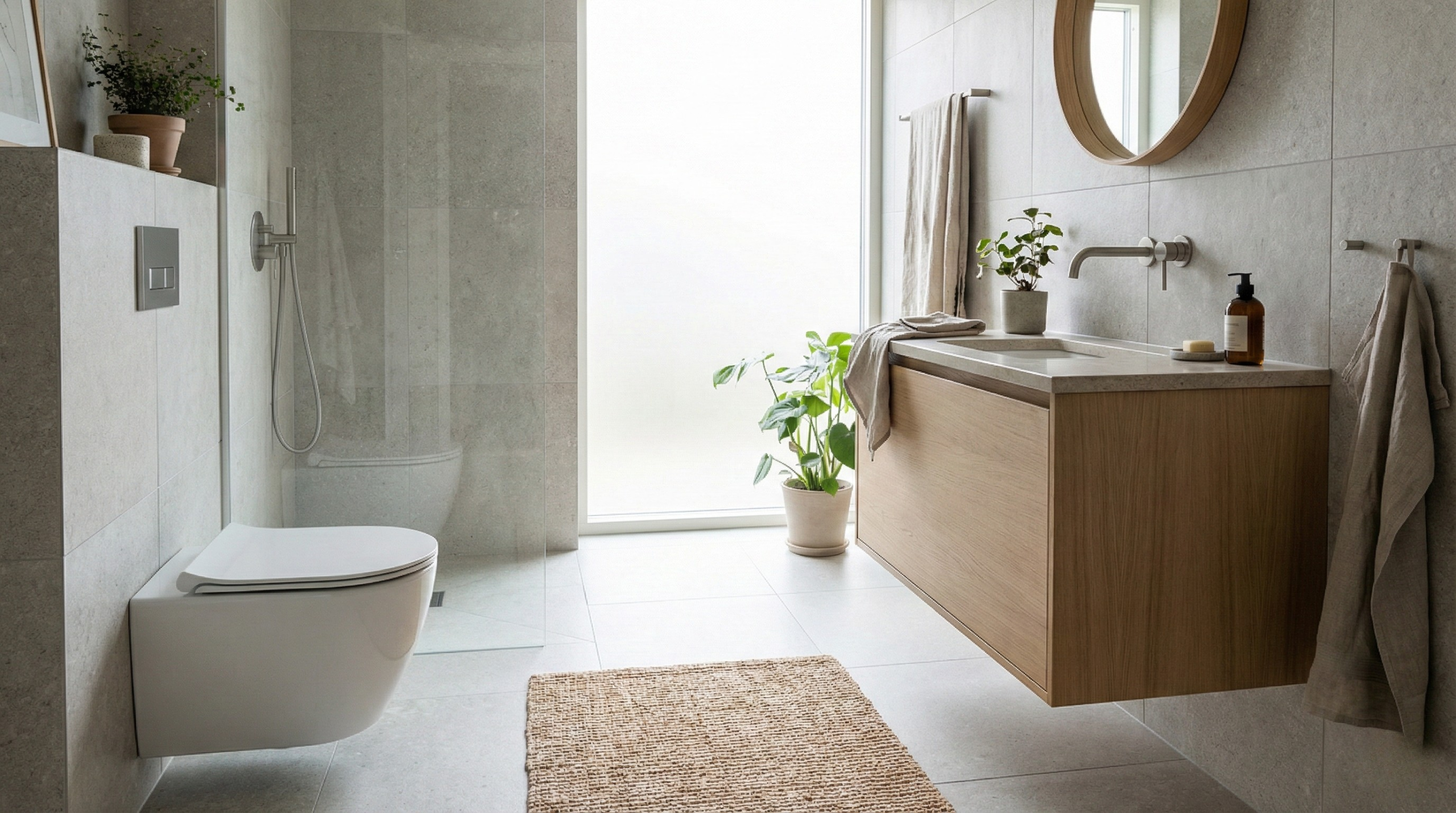 Et moderne skandinavisk bad med fokus på et moderne toalett