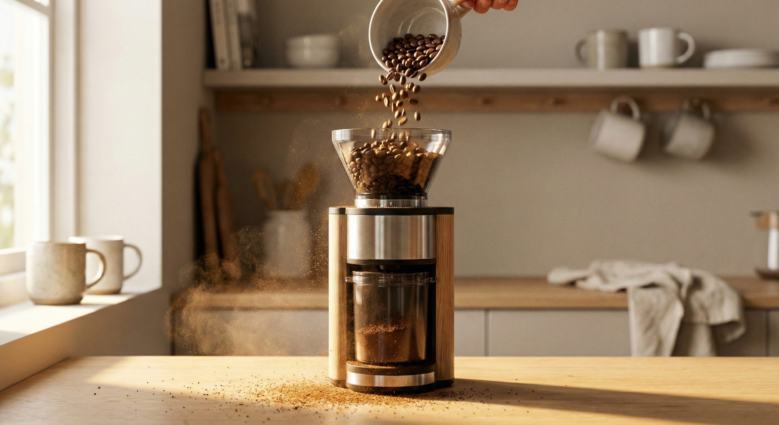 Kaffebønner som tømmes i en kaffekvern