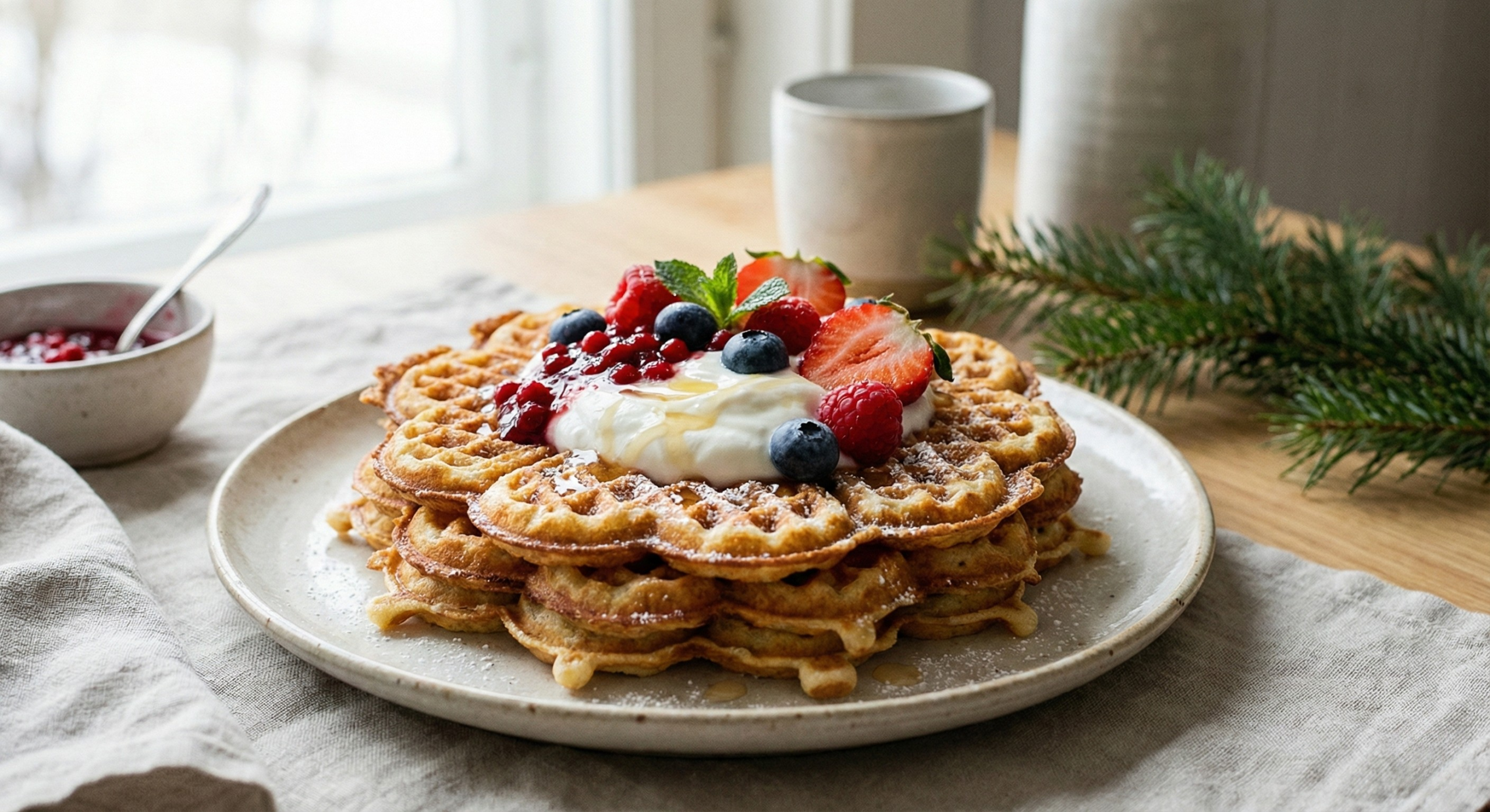 Proteinvafler med gresk yoghurt, jordbær og blåbær