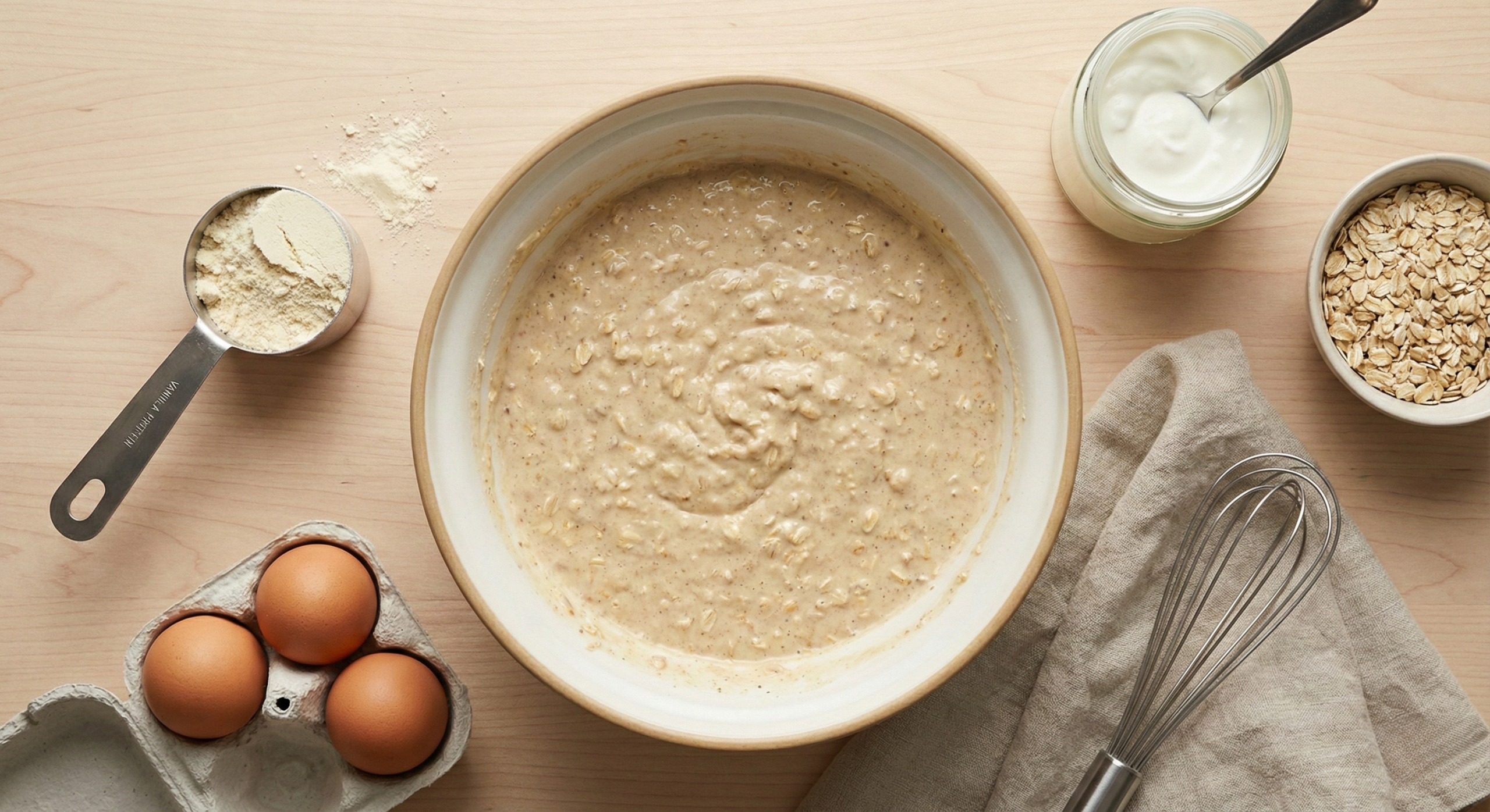 proteinvaffelrøre med ingrediensene rundt