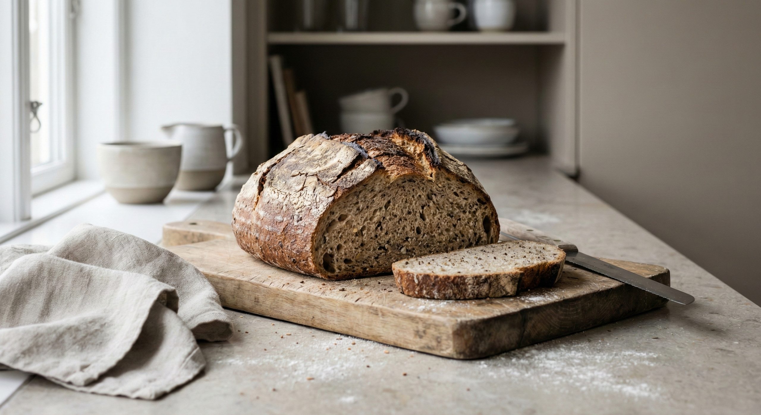 Et ferdig rugbrød med en oppskjært skive