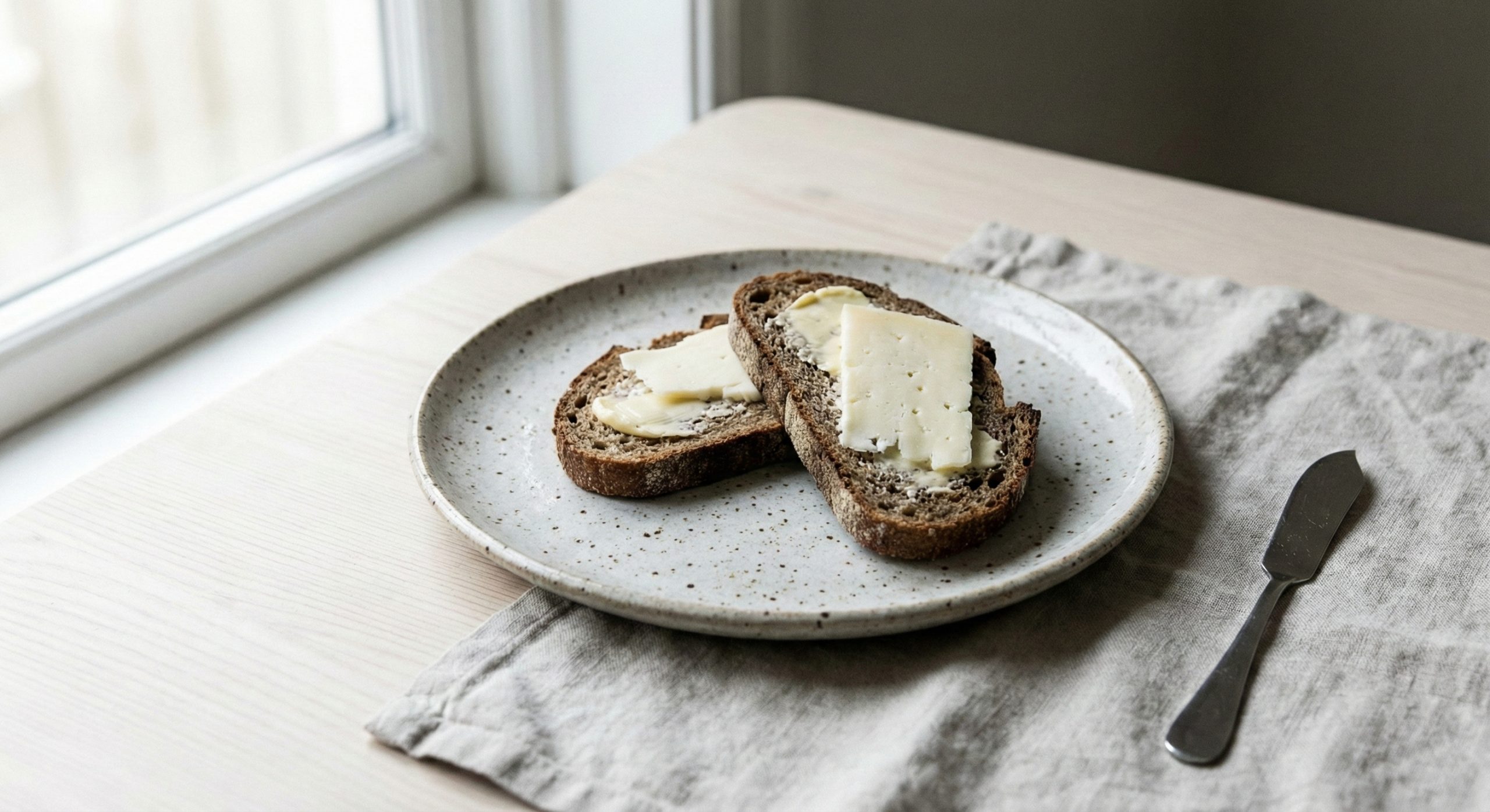To skiver rugbrød med smør og ost på et fat