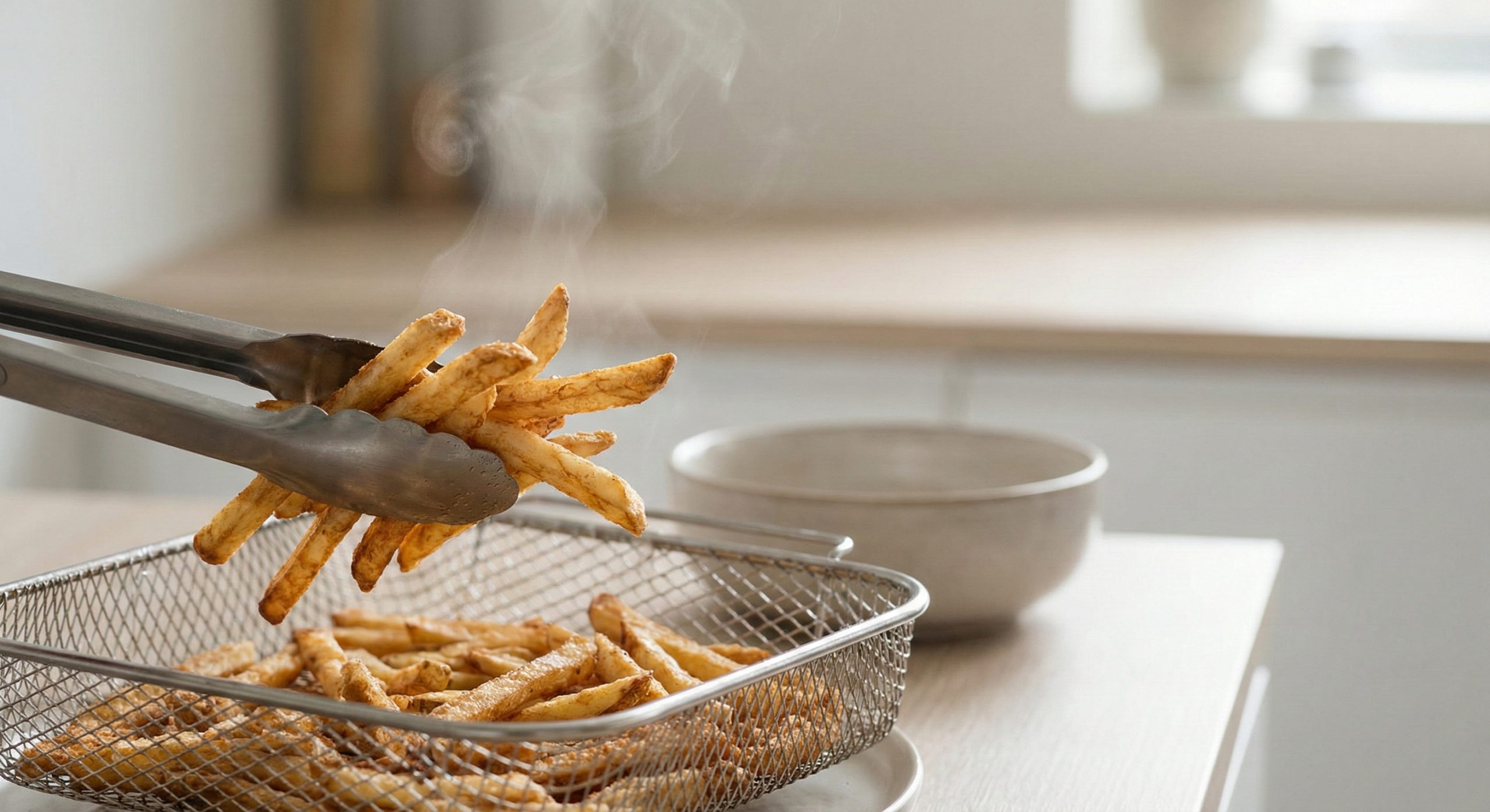 Sprø fries tatt fra en airfryerkurv til en skål
