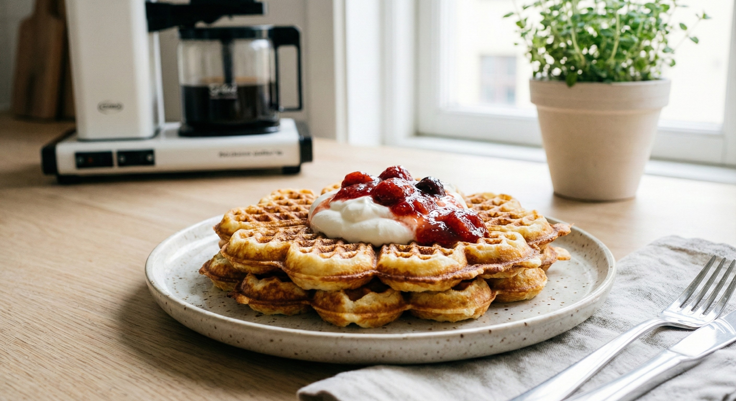 Nystekte vafler med rømme på et fat