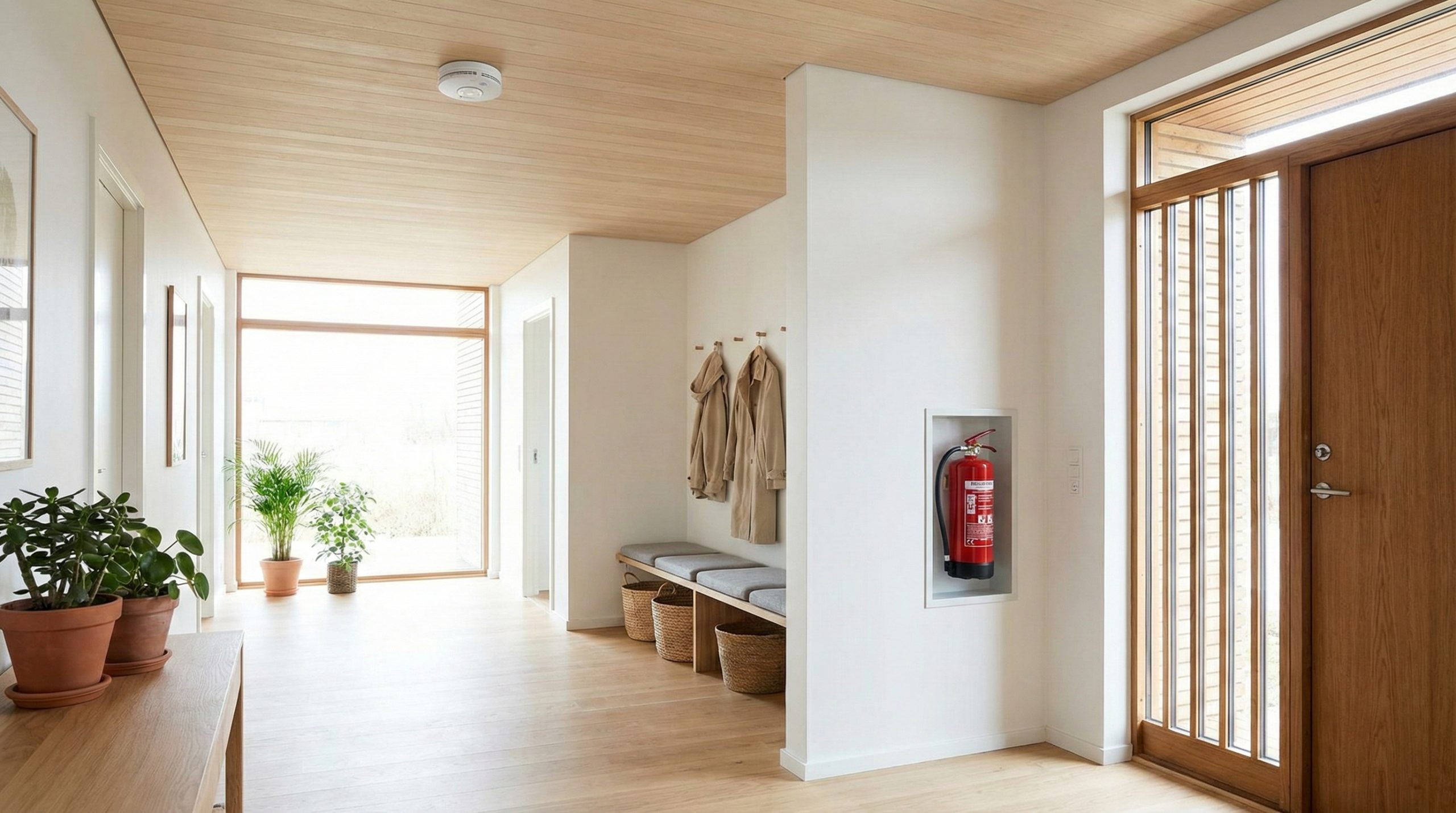 En norsk gang med brannslukker og røykvarsler