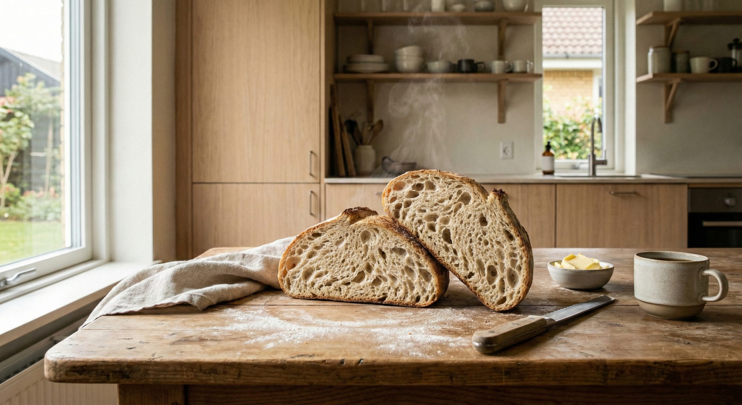 Ferdig brød på en kjøkkenbenk