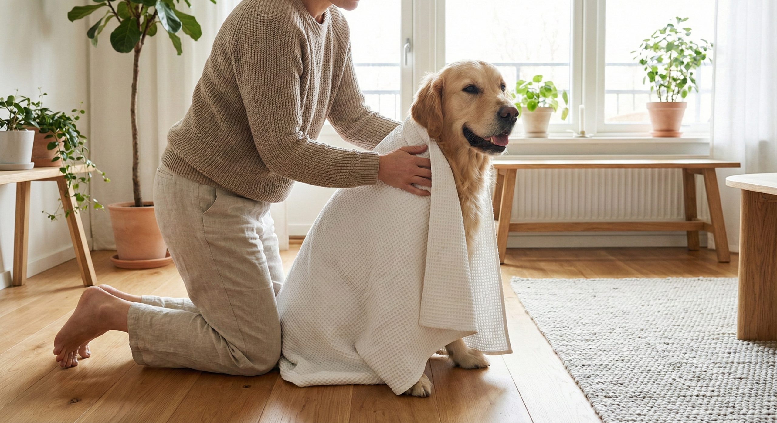 En hund som blir tørket etter et bad