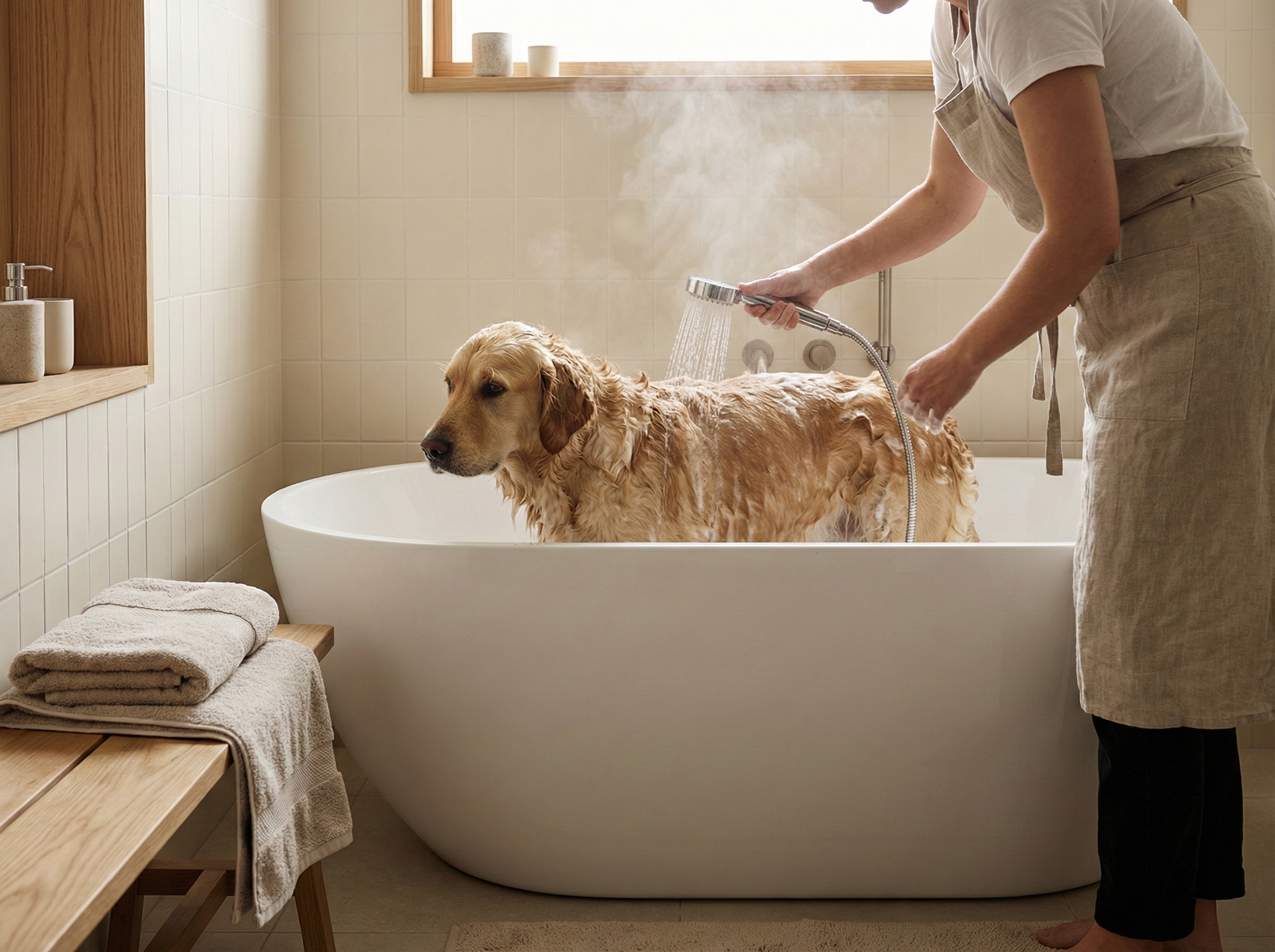 Et hund som blir dusjet i et badekar