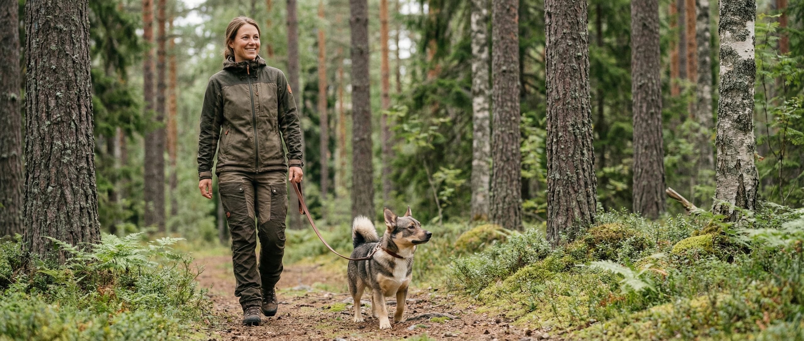 En hund på tur i skogen