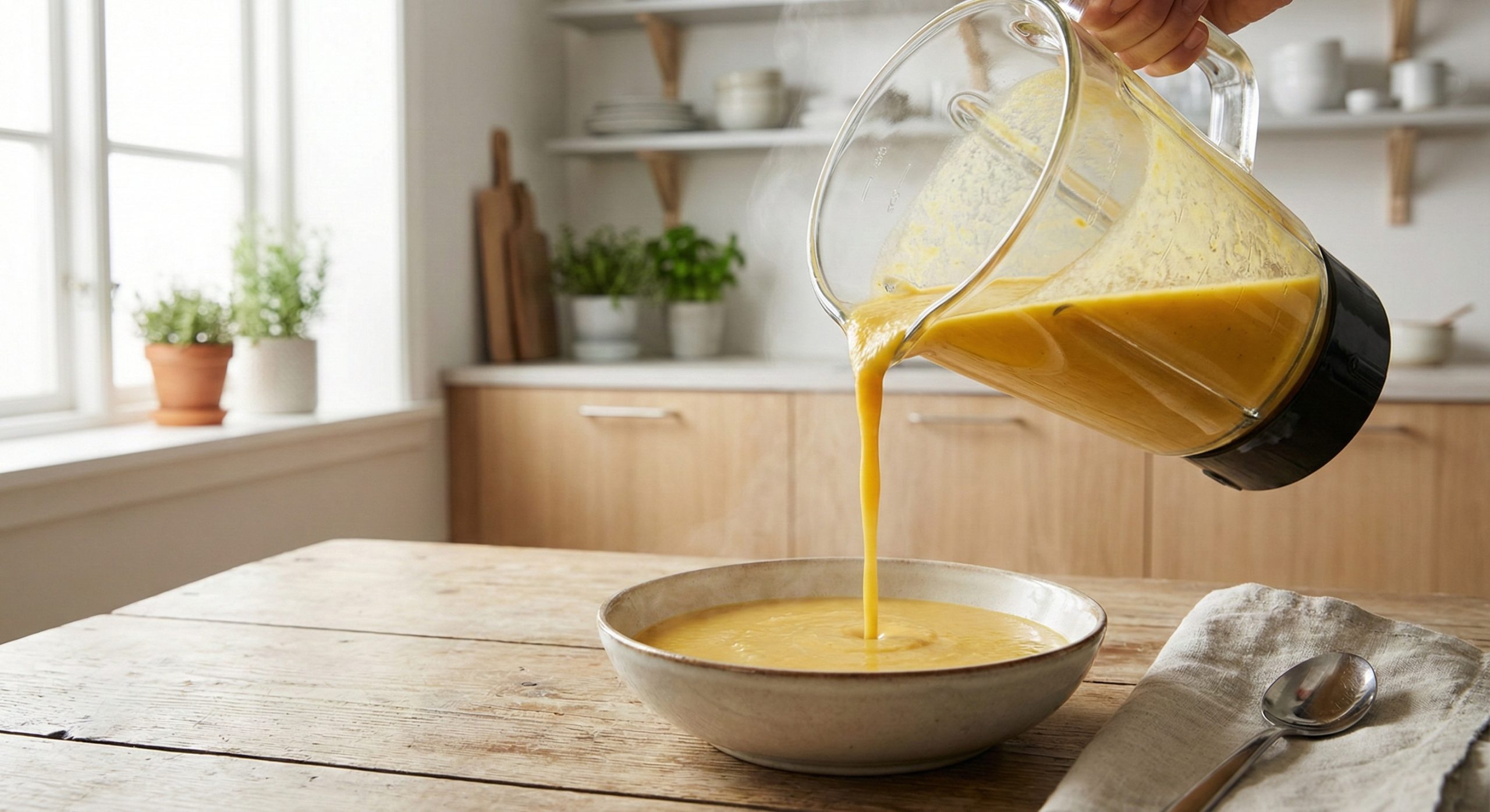 En suppe laget i blender som blir hellet ut i en skål