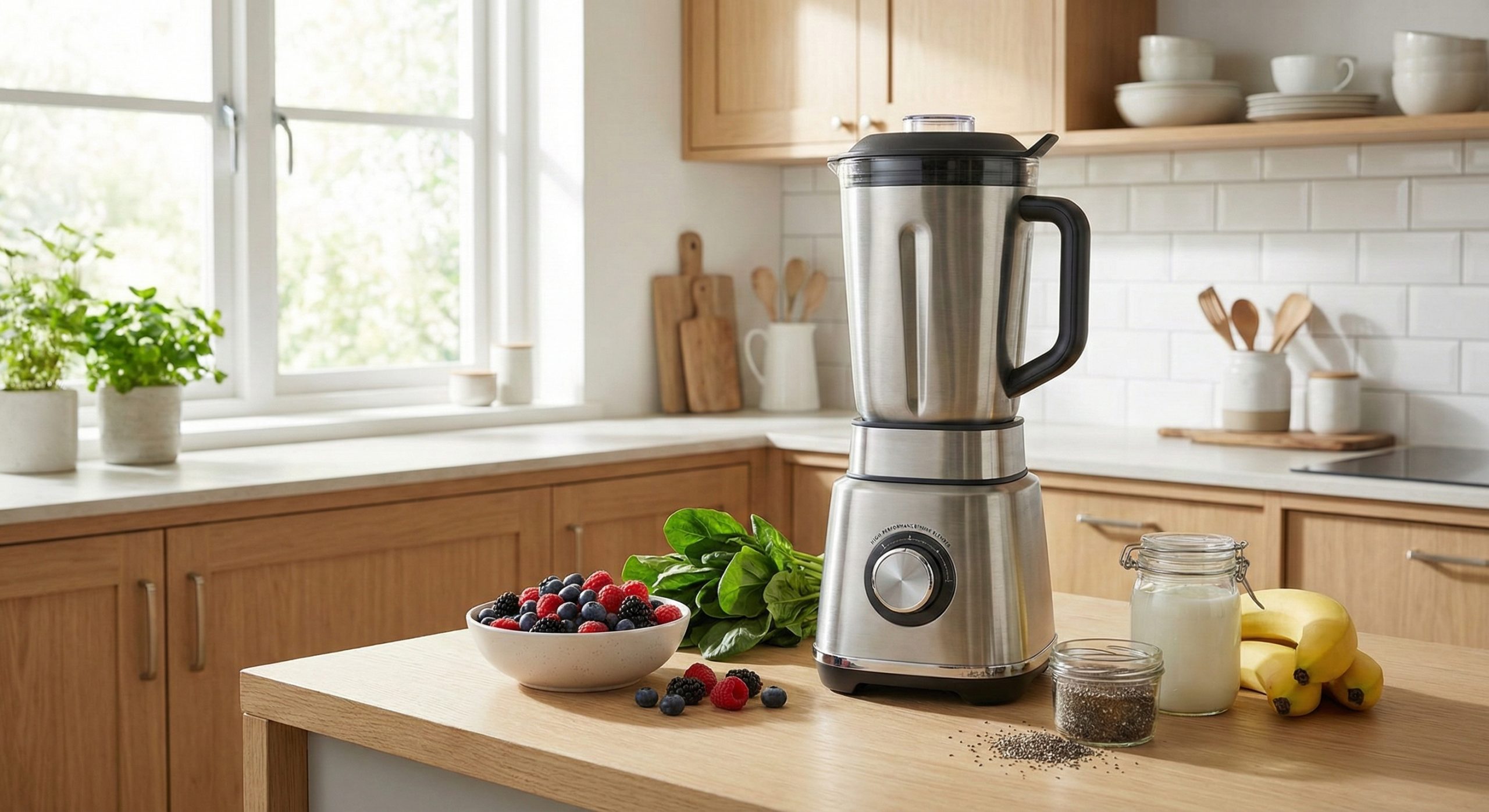 En blender på et bord med ulike ingredienser rundt