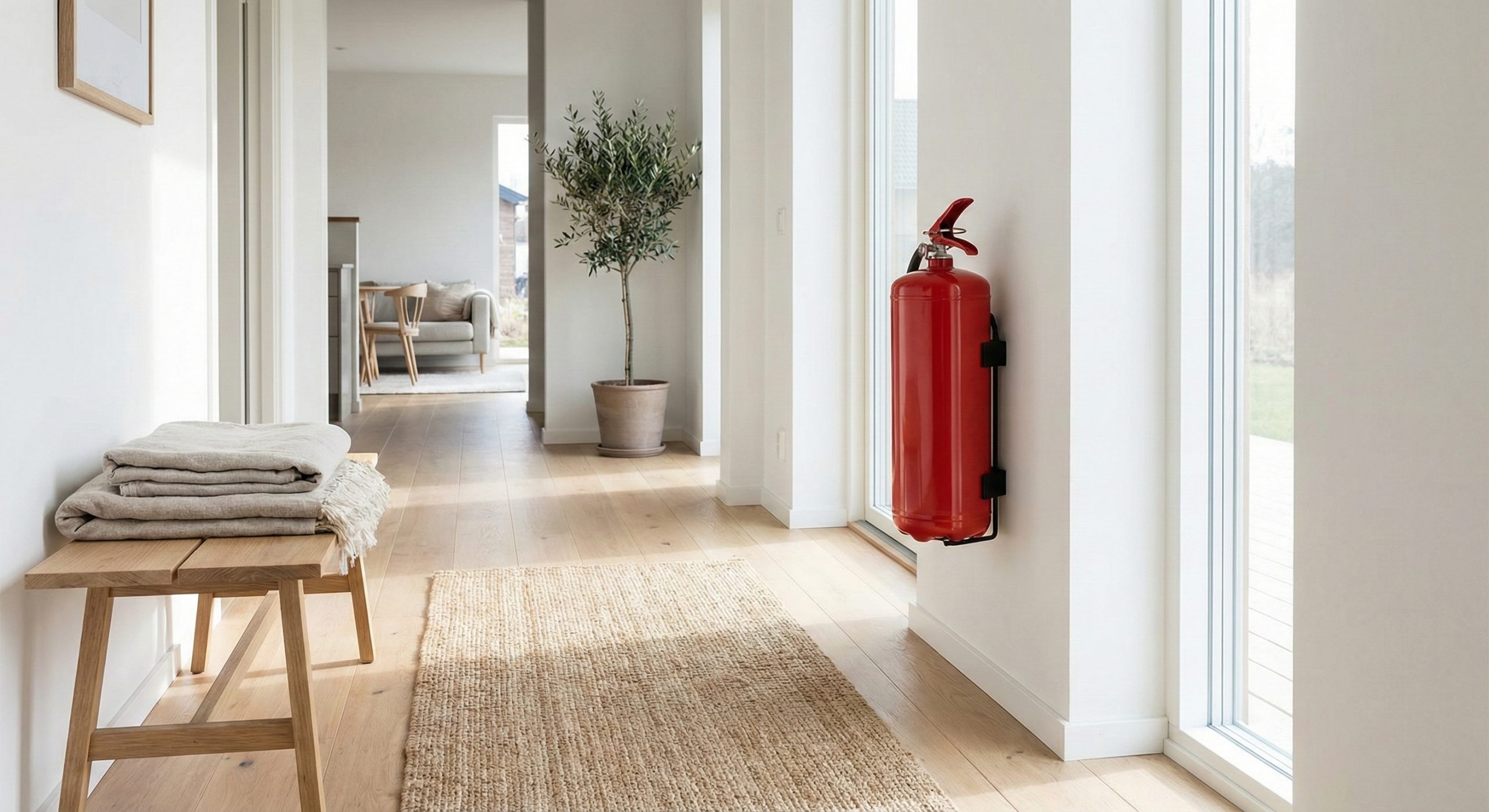 Brannslukker på en vegg i en norsk gang