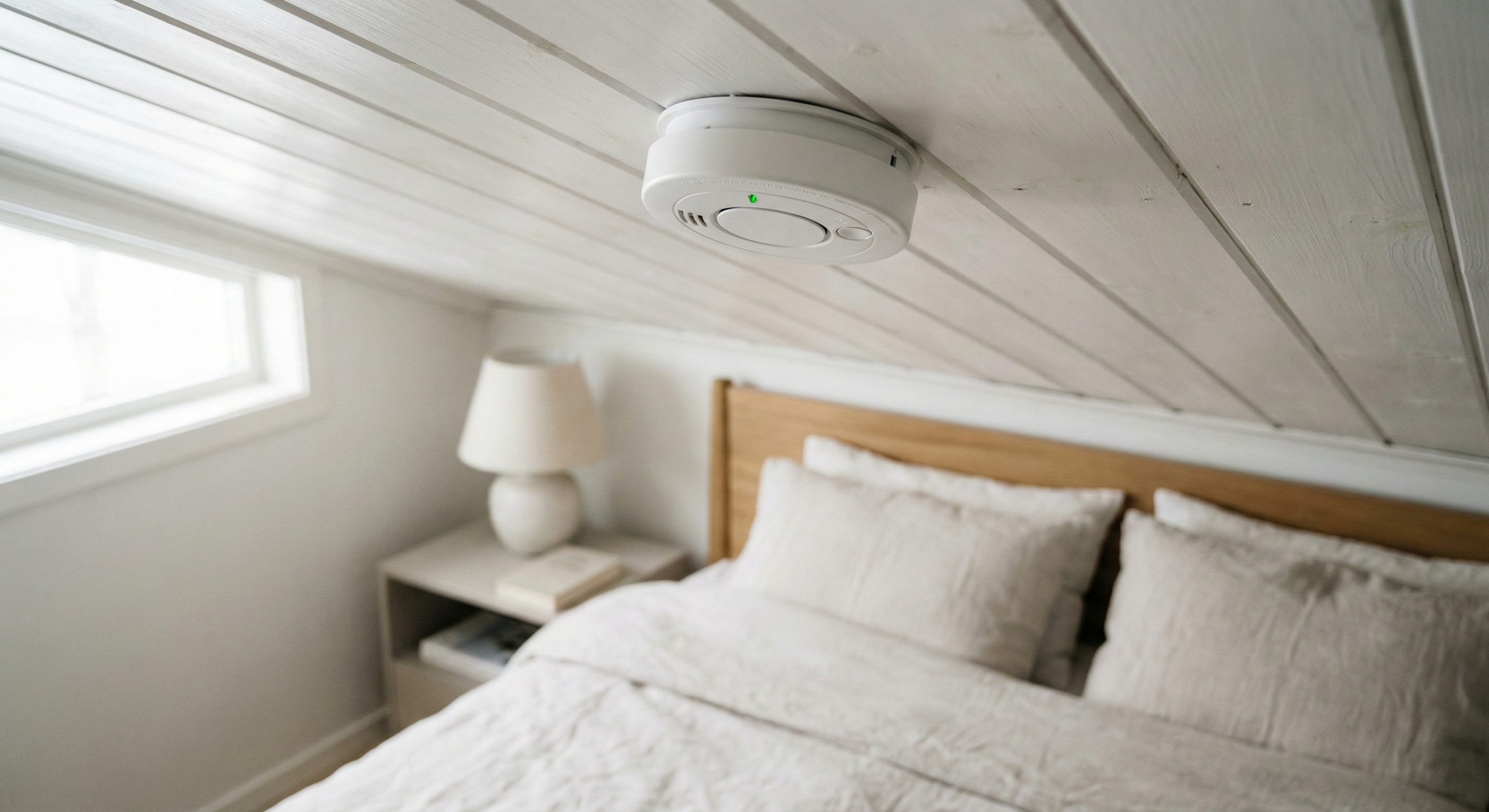 Røykvarsler i taket på et soverom