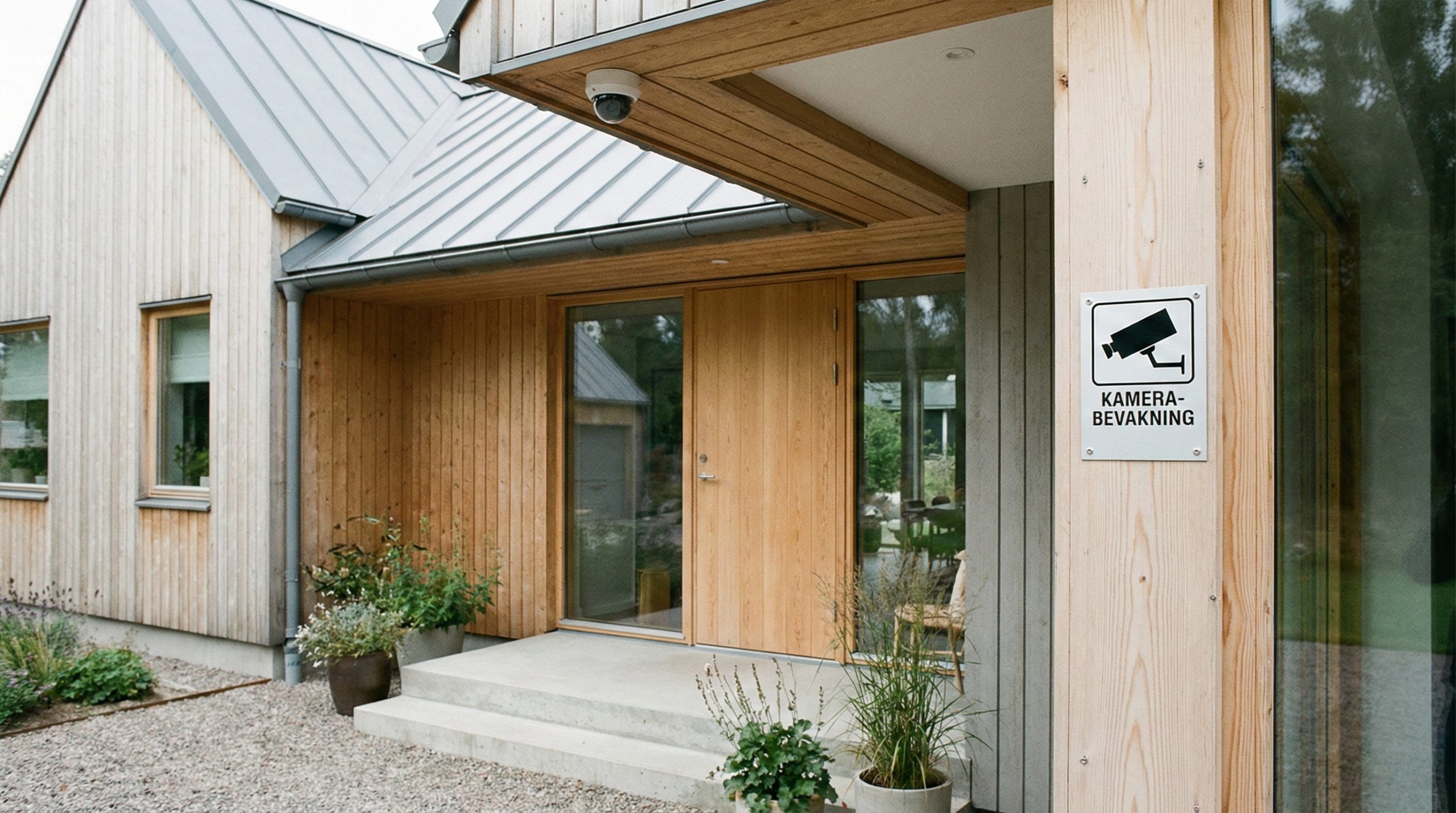 Et kamera utenfor et inngangsparti, med et skilt ved siden av som opplyser om kameraovervåkning