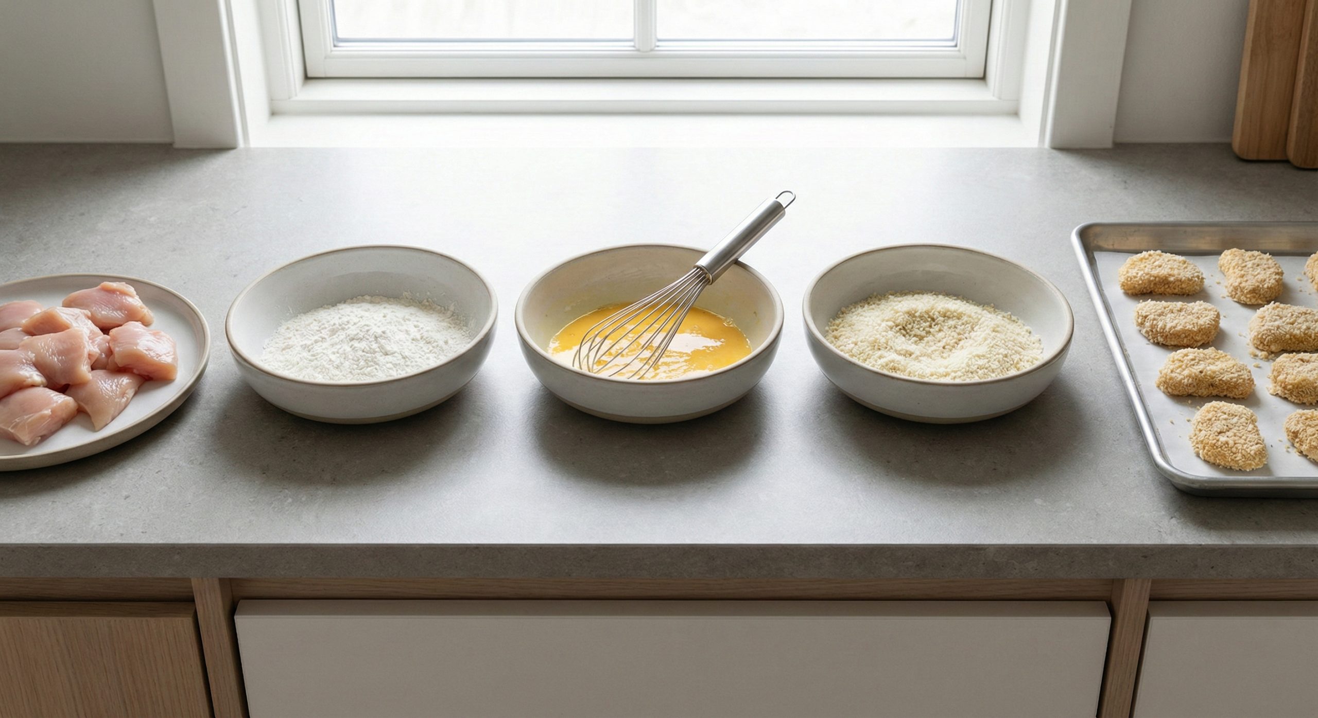 Forberedelse av kyllingnuggets med mel, panko og egg i ulike skåler