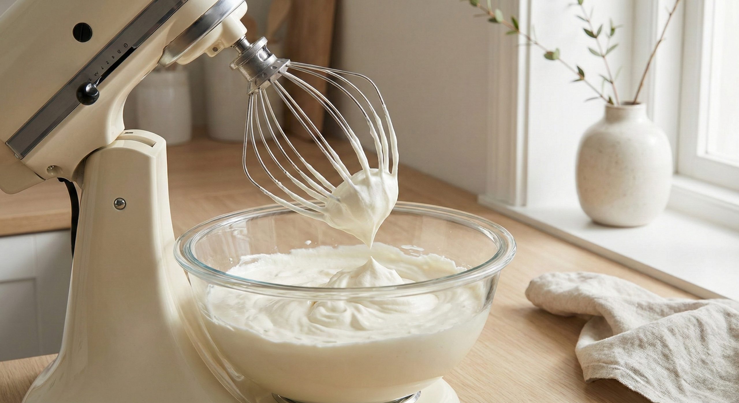 En kjøkkenmaskin med en visp og en bolle full av krem