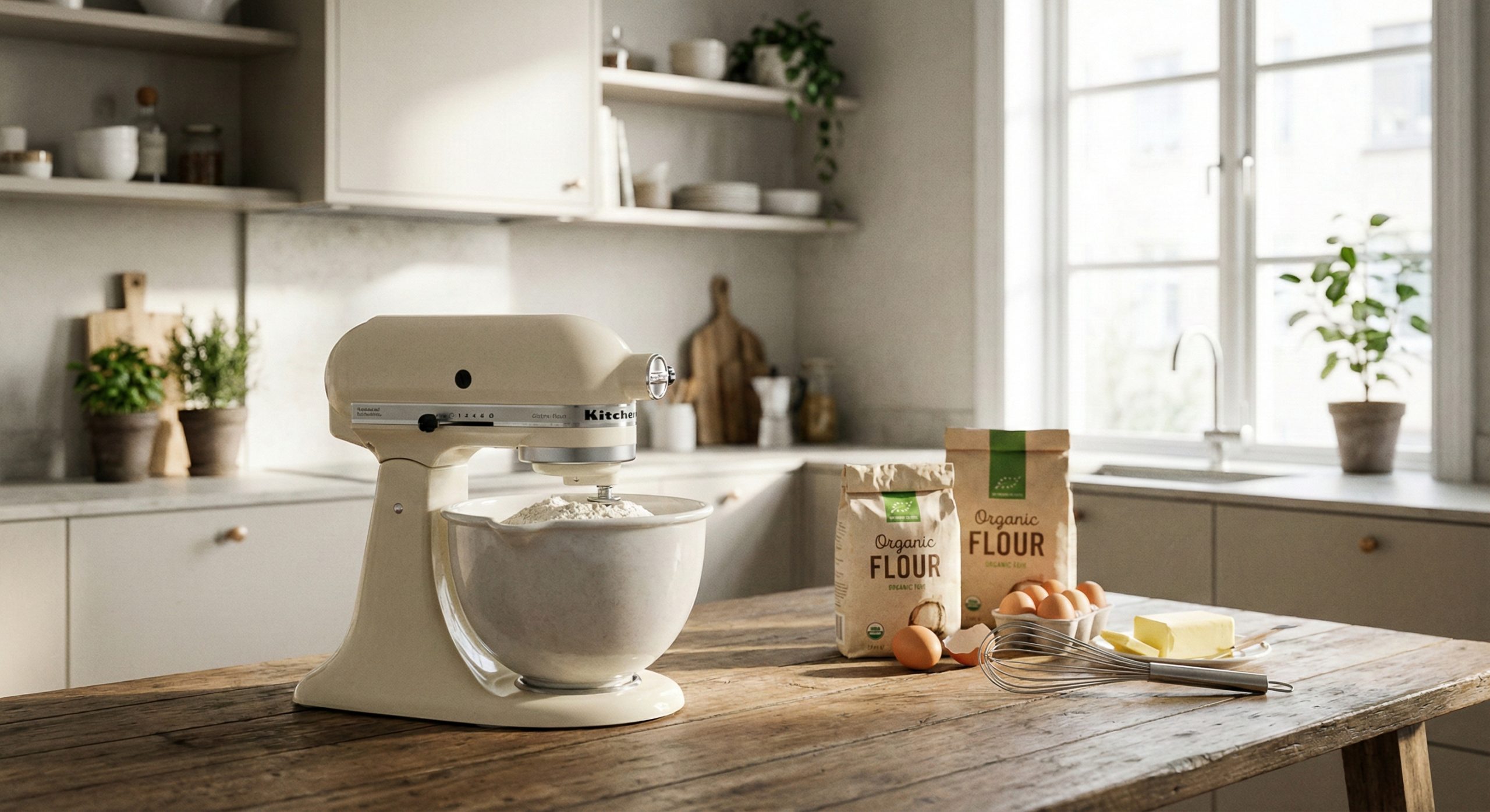 En kjøkkenmaskin på en benk med mel og egg ved siden av