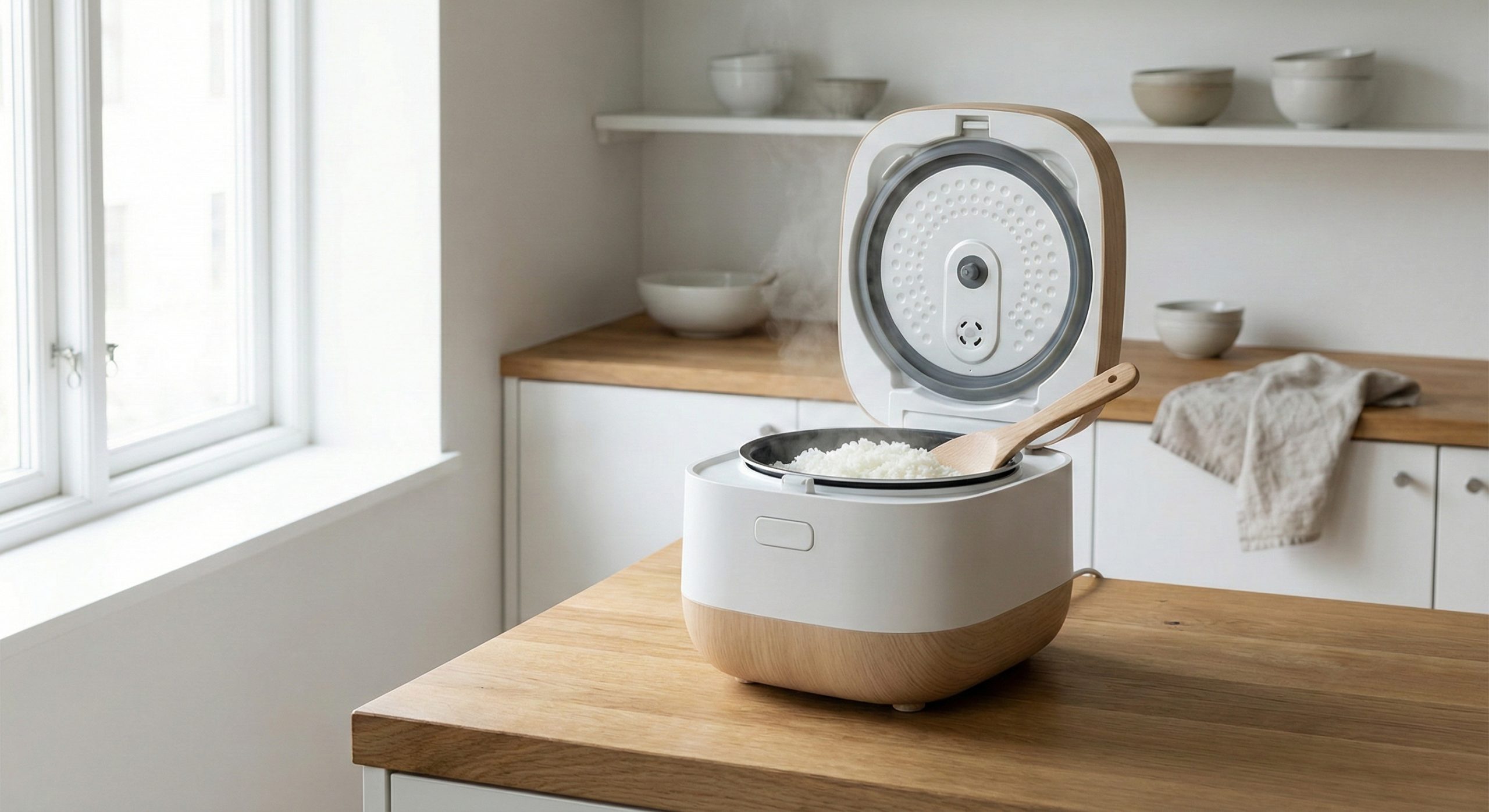 En riskoker på en kjøkkenbenk