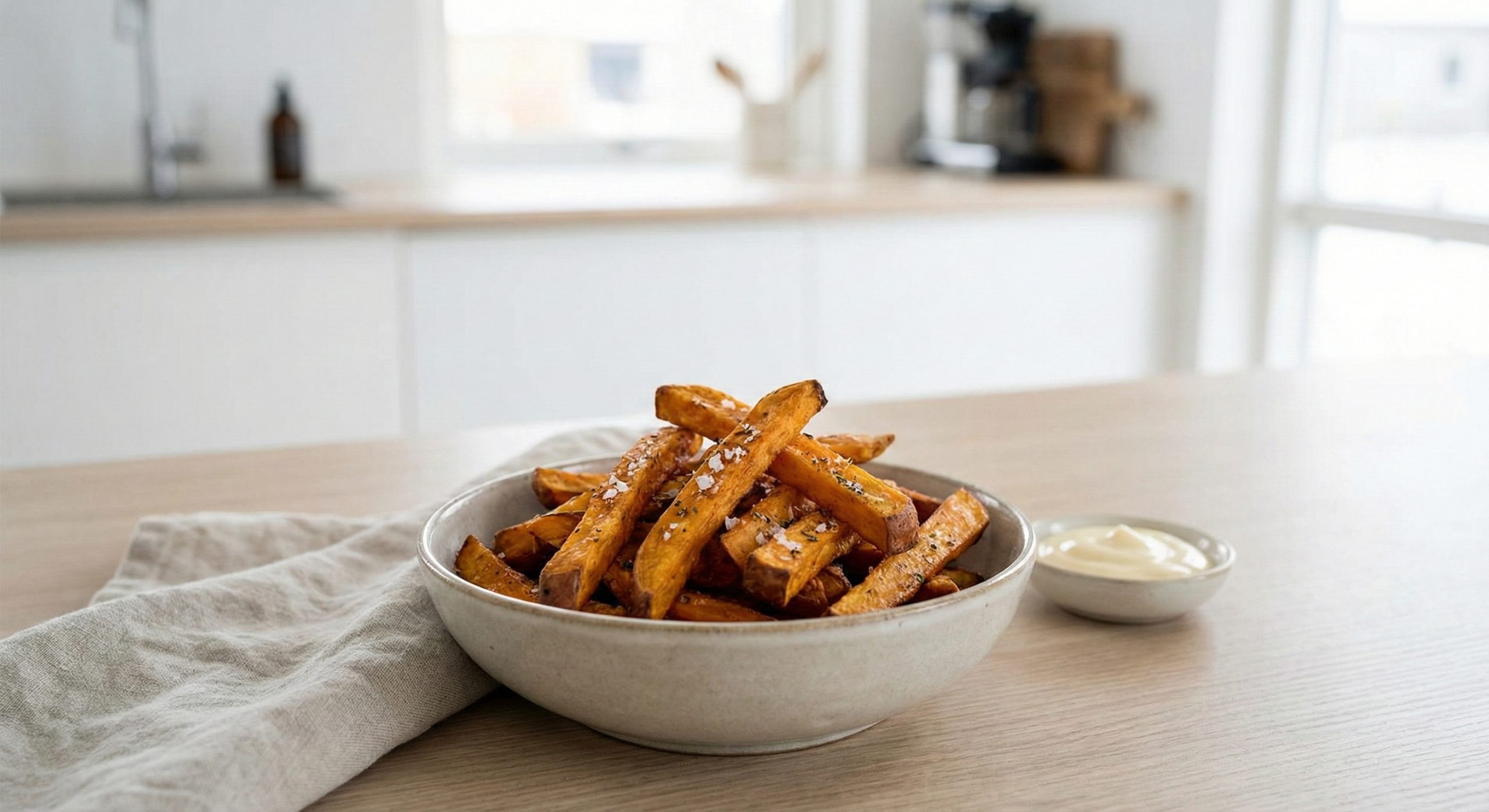 Ferdiglagde søtpotetfries i en skål