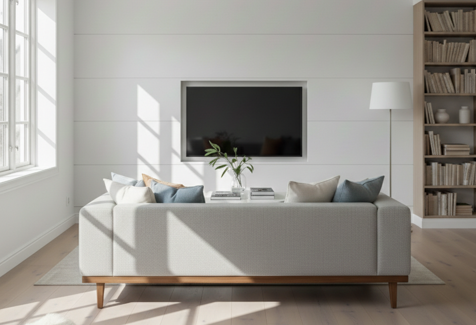 En TV på en stuvegg foran en sofa