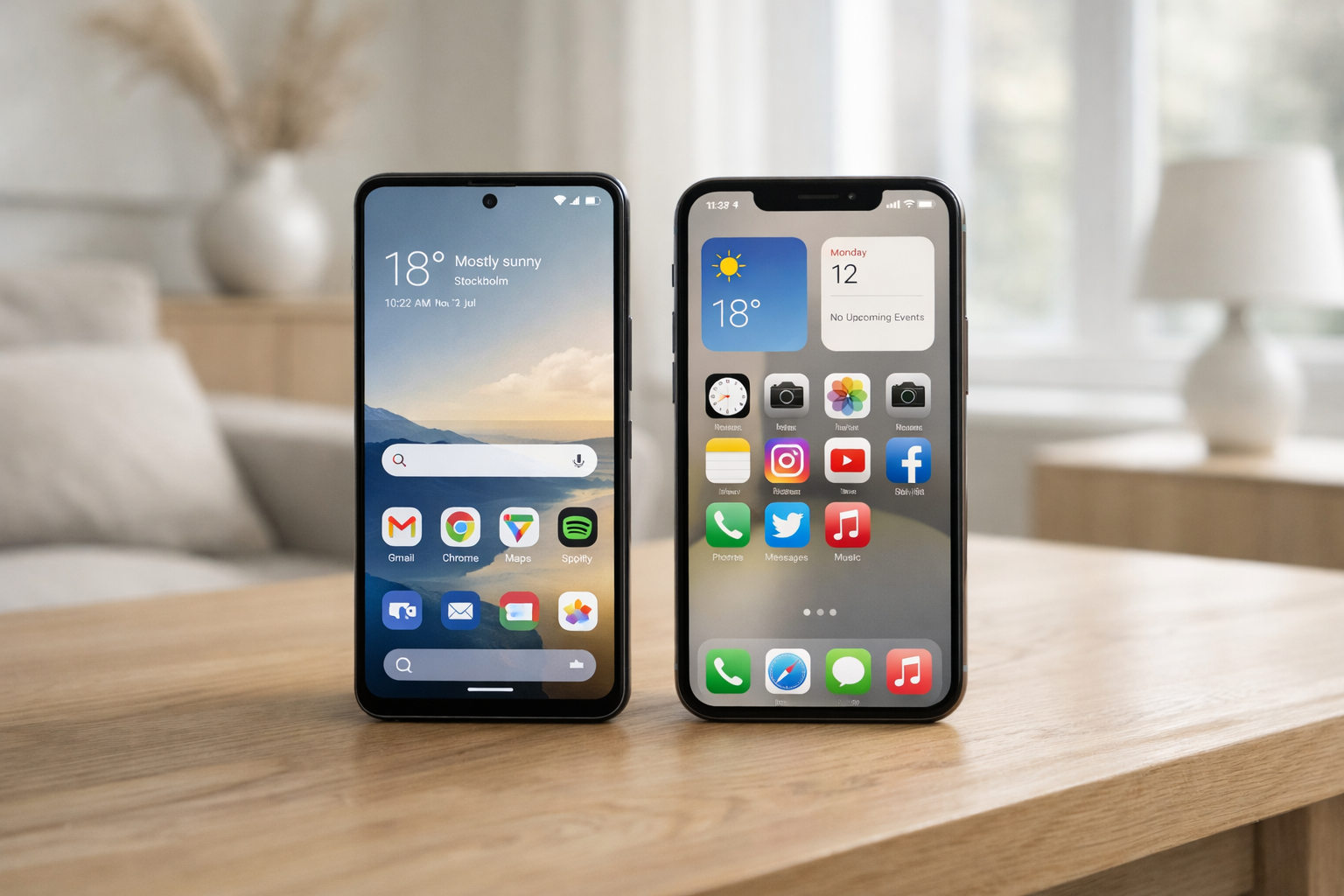 Android og iphone-mobil ved siden av hverandre