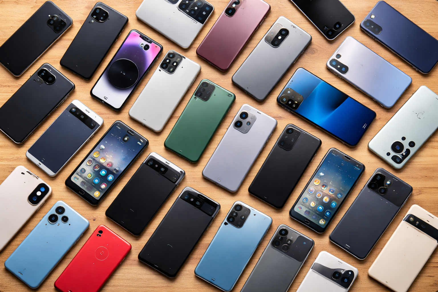 Et utall ulike mobiltelefoner på en trebord